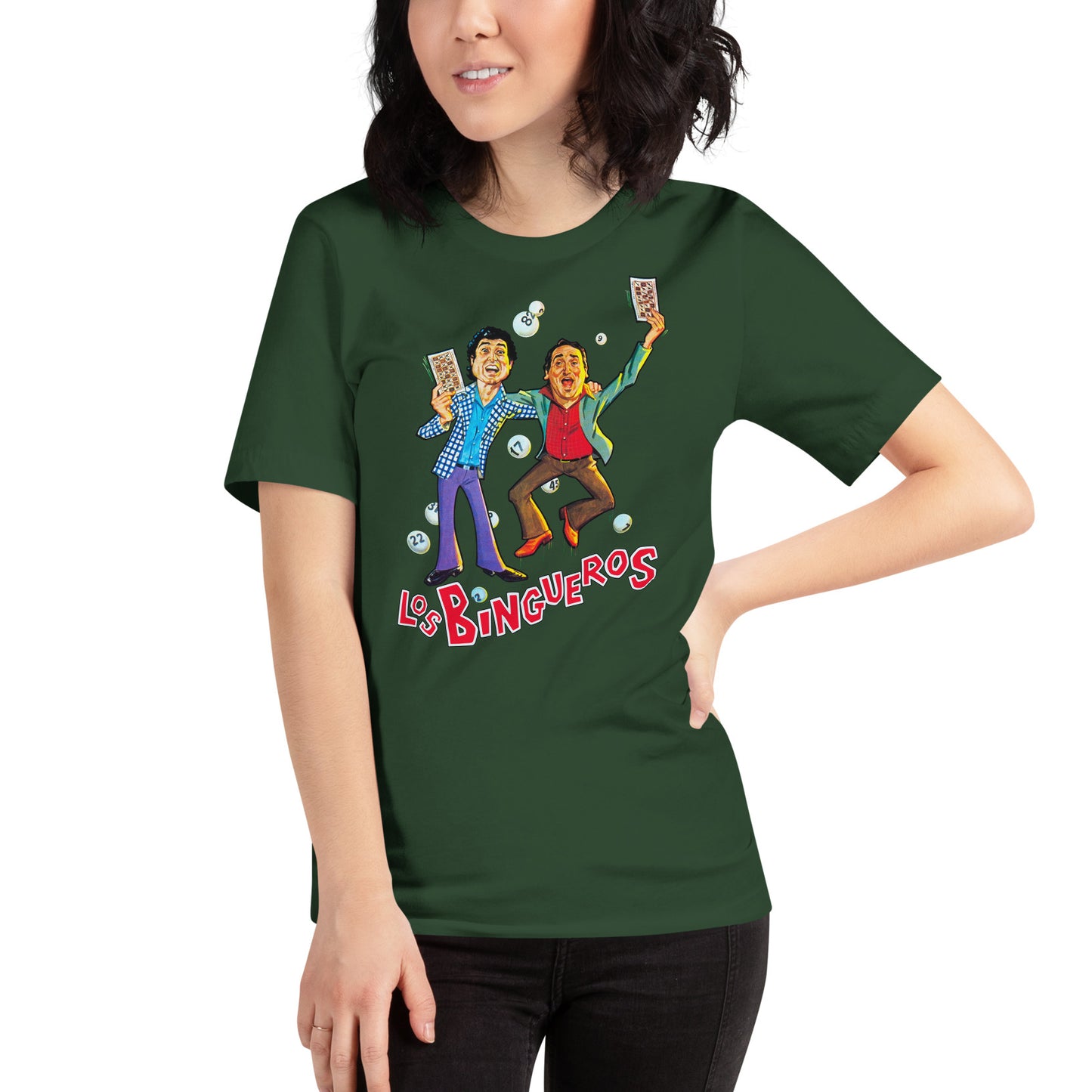 mujer con camiseta los bingueros andres pajares fernando esteso en color verde botella