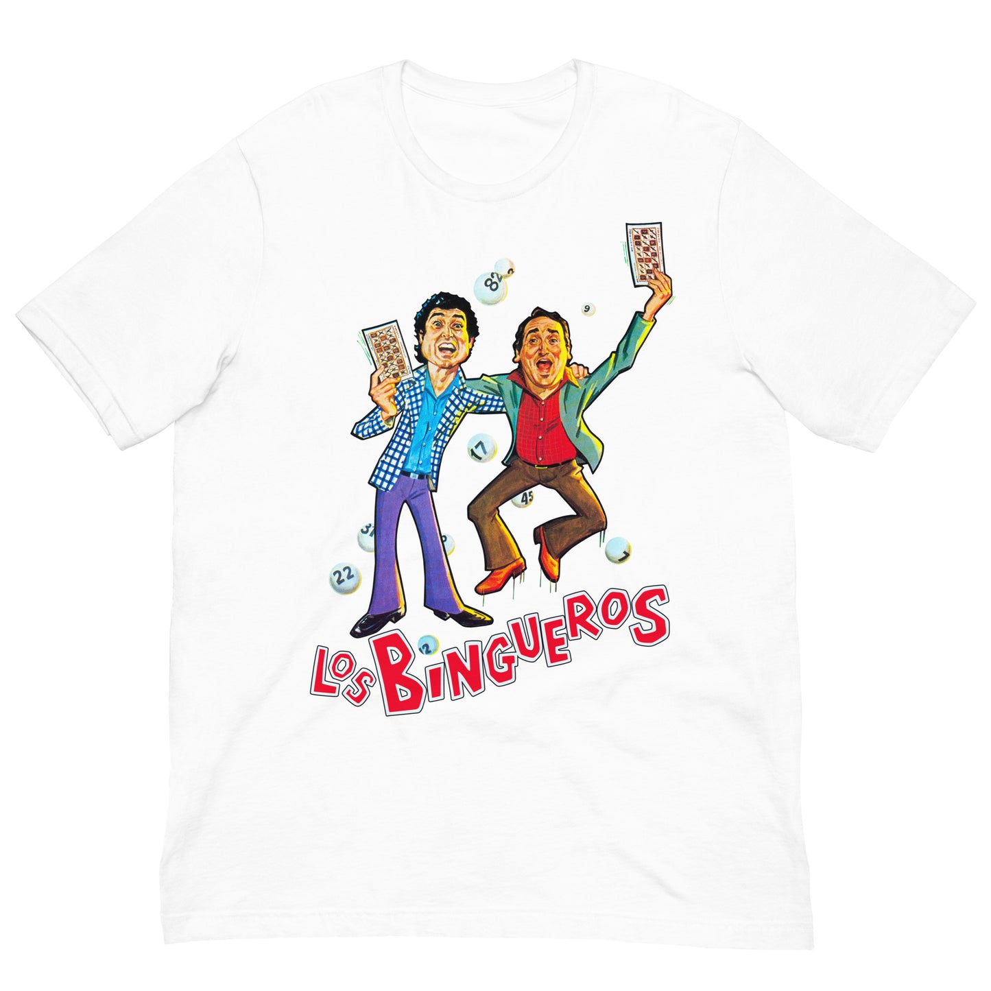 camiseta los bingueros andres pajares fernando esteso en color blanco
