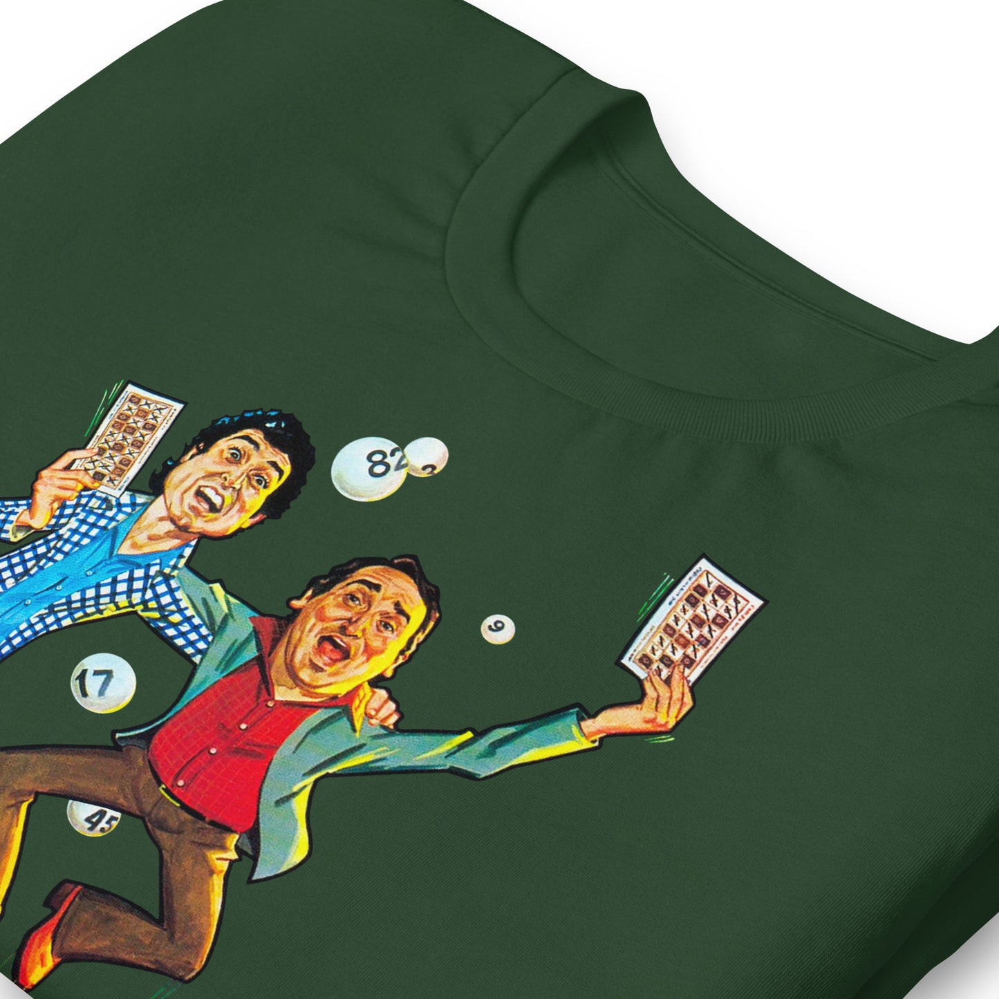 detalle de camiseta los bingueros andres pajares fernando esteso en color verde botella