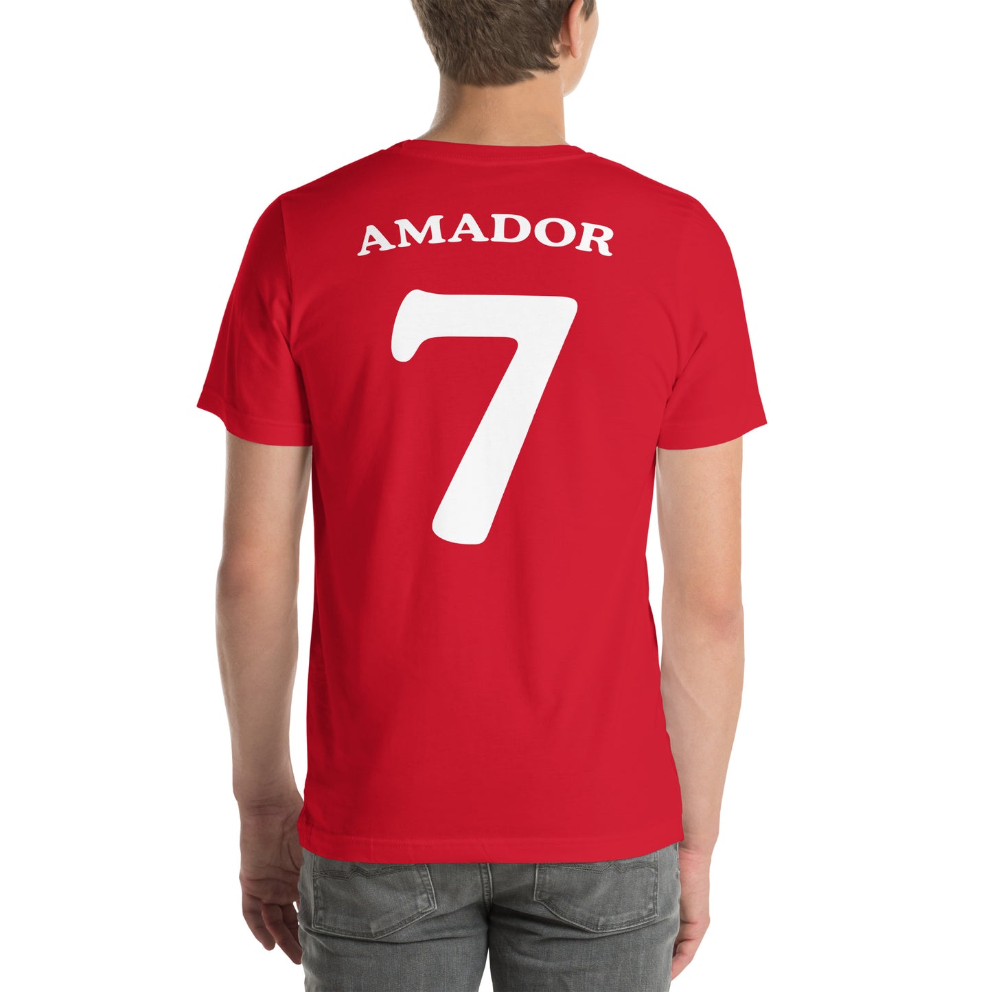 hombre con camiseta los leones de montepinar amador mariscos recio la que se avecina trasera en color rojo