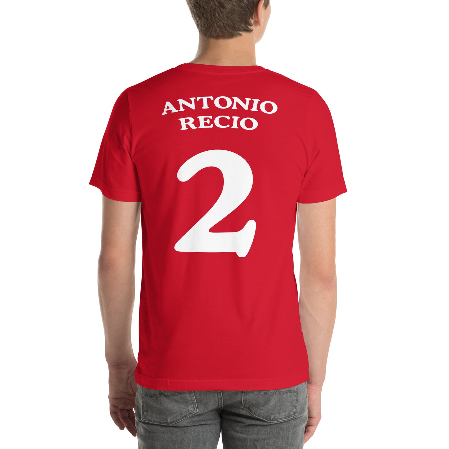 hombre con camiseta los leones de montepinar antonio recio mariscos recio la que se avecina trasera en color rojo