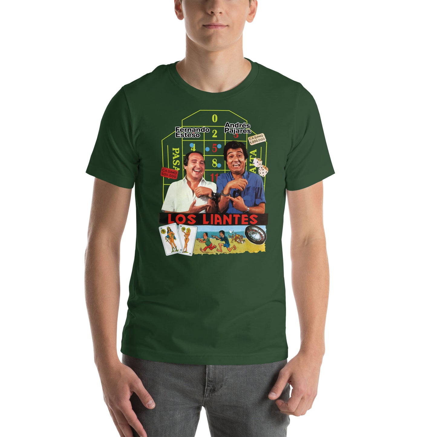 hombre con camiseta los liantes andres pajares fernando esteso en color verde botella