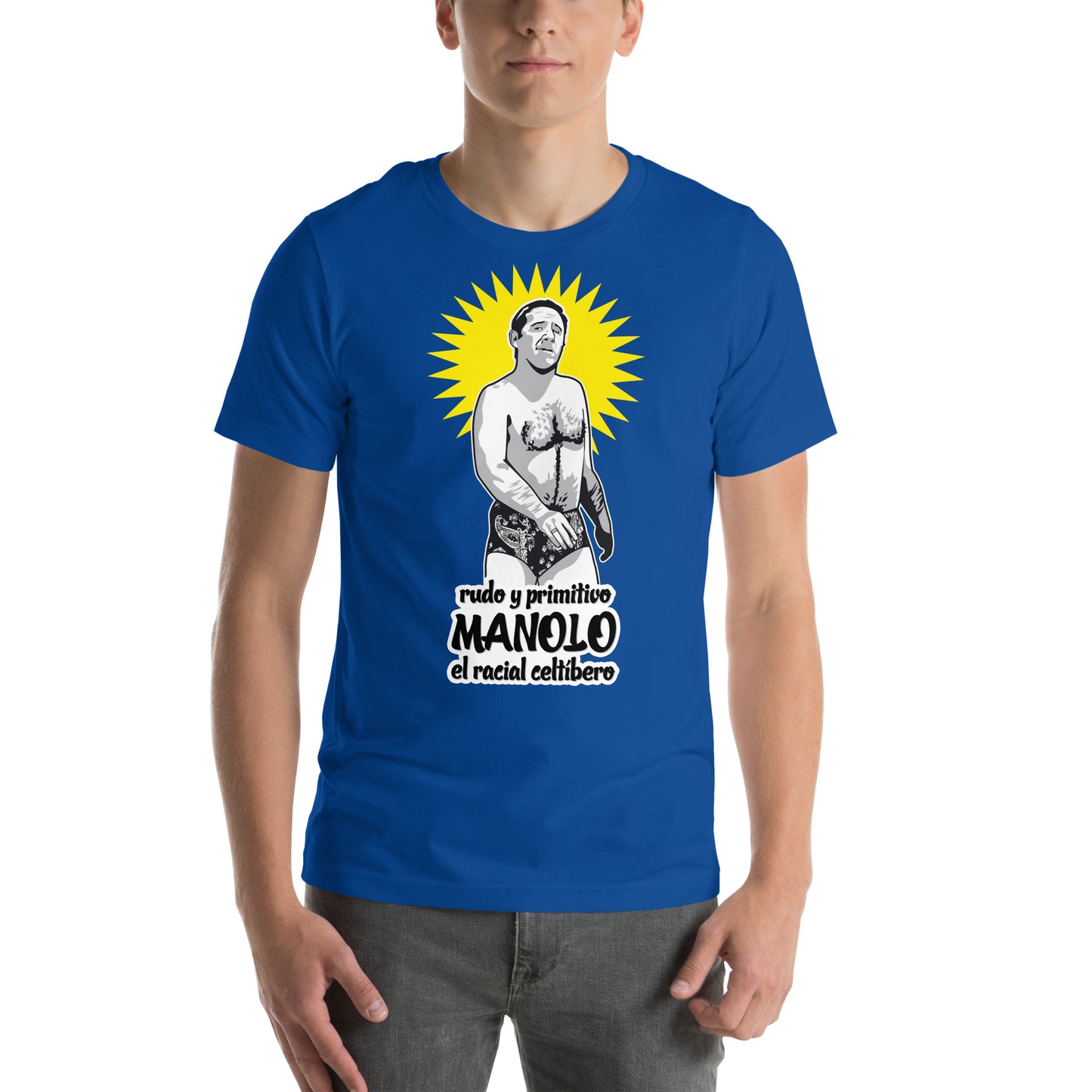 hombre con camiseta manolo la nuit el racial celtibero alfredo landa en color azul royal