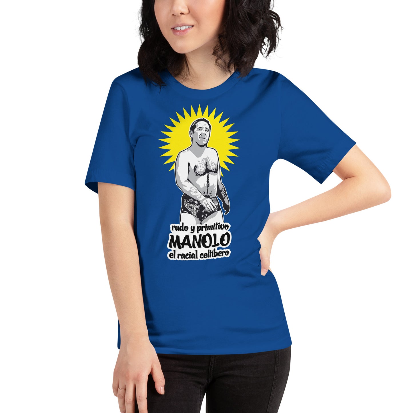 mujer con camiseta manolo la nuit el racial celtibero alfredo landa en color azul royal