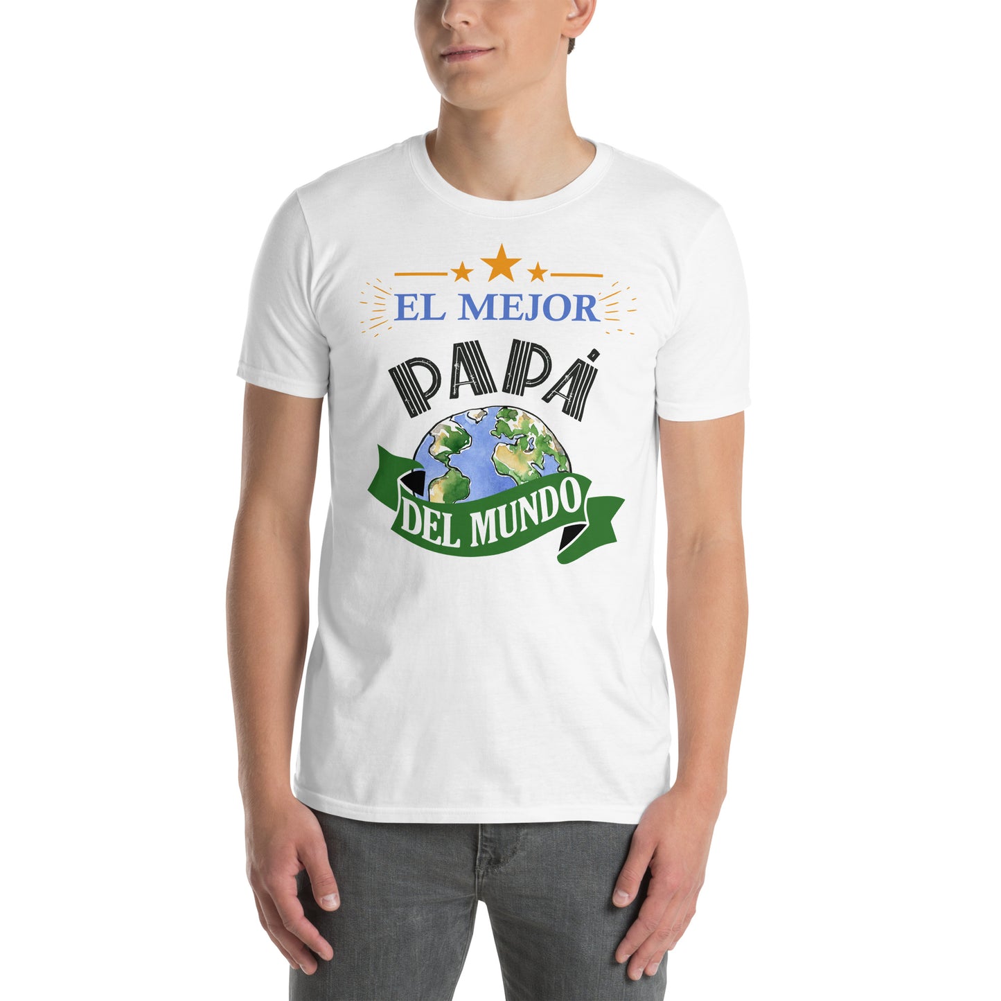 hombre con camiseta el mejor papa del mundo blanca
