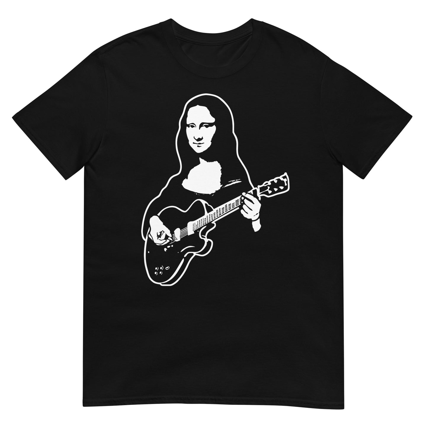 camiseta mona lisa con guitarra electrica la gioconda rock en color negro
