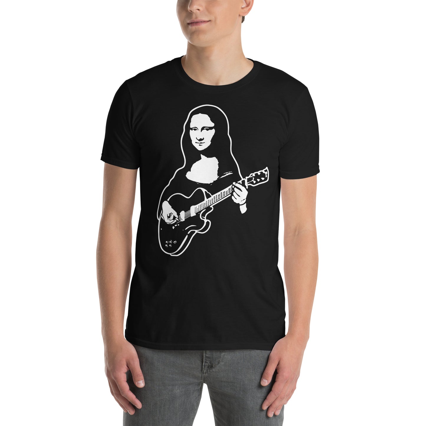 hombre con camiseta mona lisa con guitarra electrica la gioconda rock en color negro
