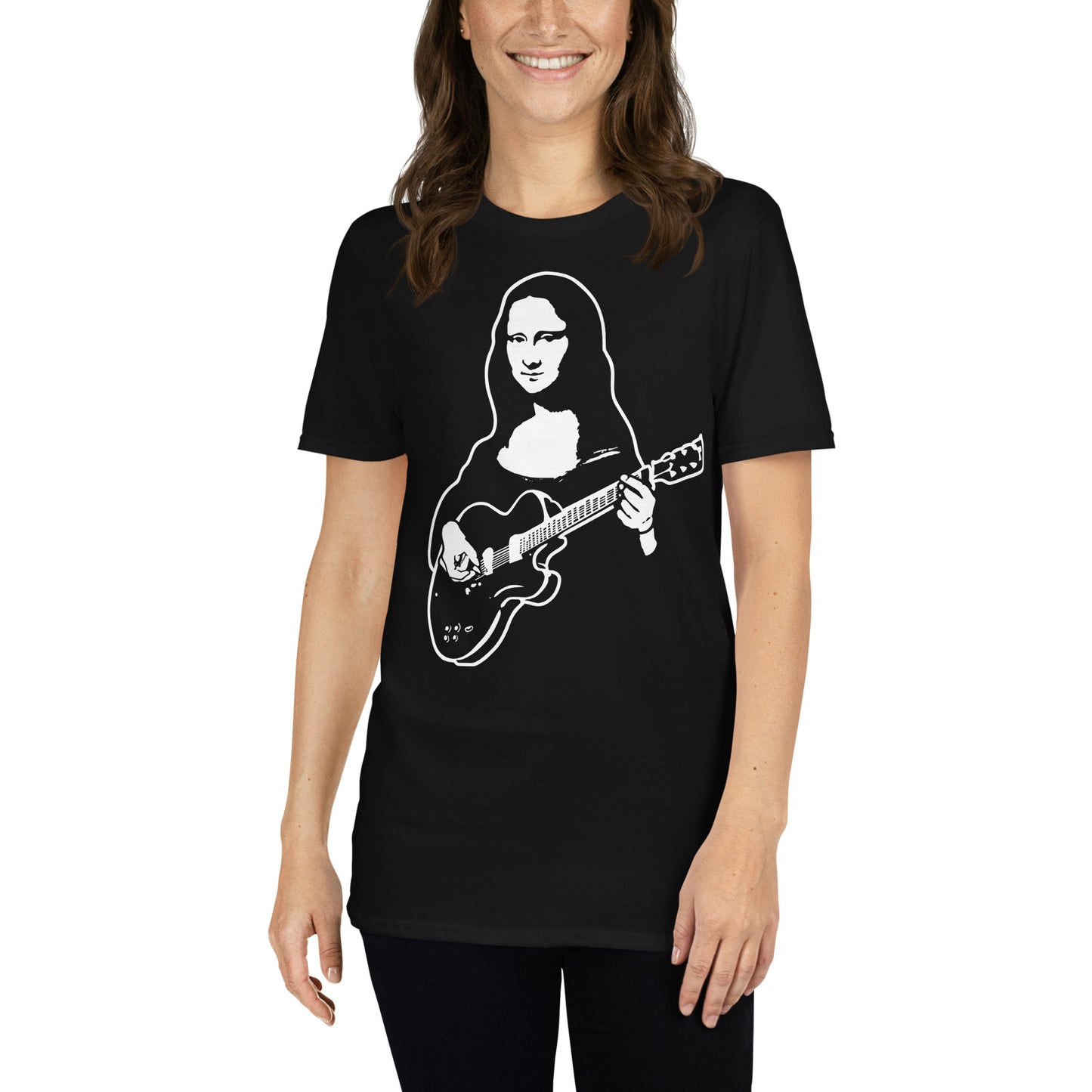 mujer con camiseta mona lisa con guitarra electrica la gioconda rock en color negro