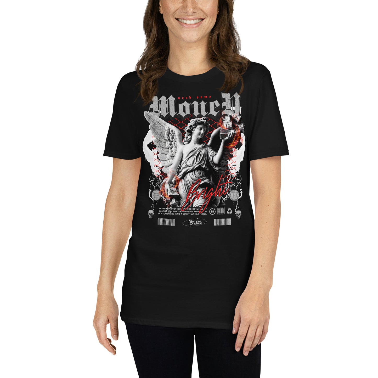mujer con camiseta need some money angel siempre original urban en color negro