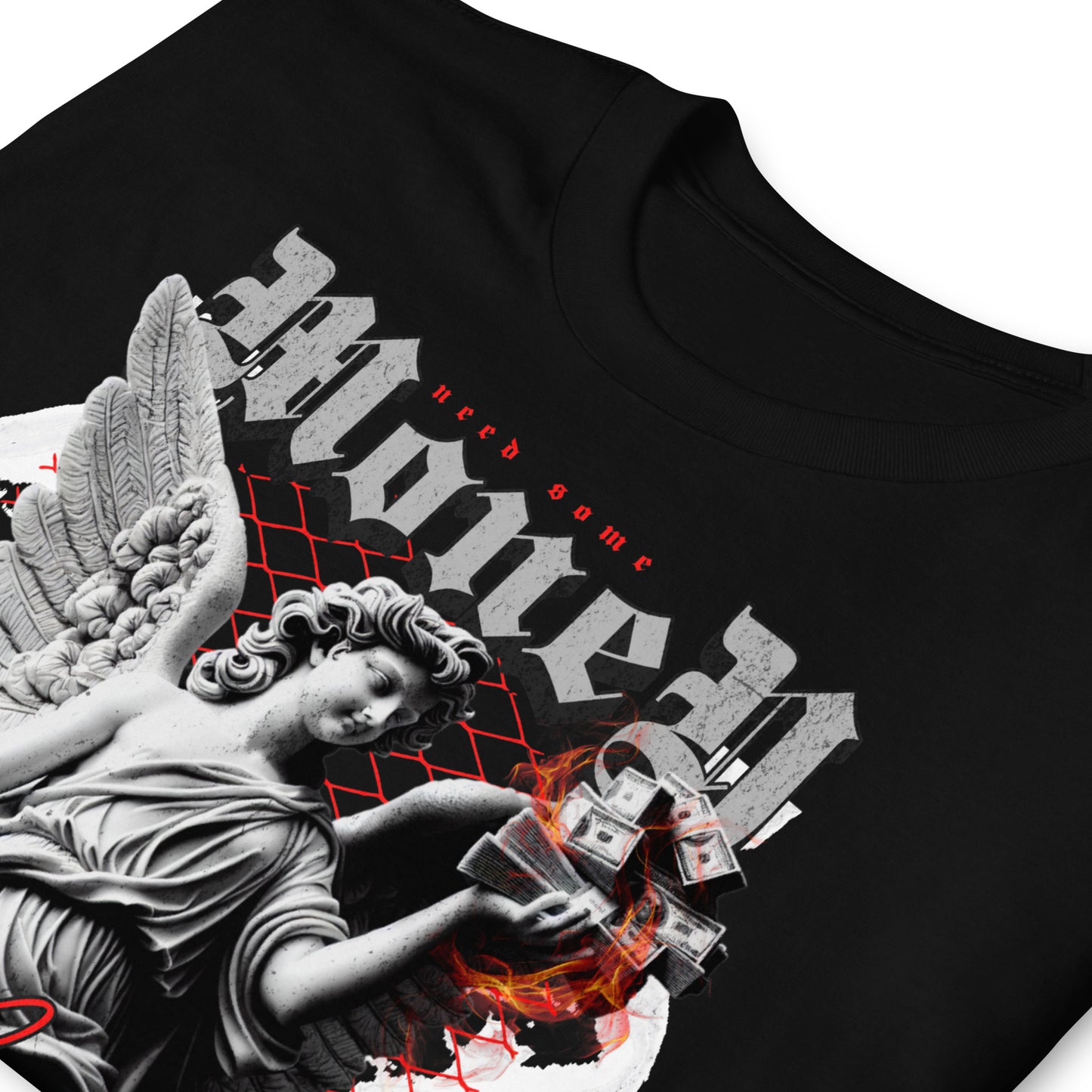 detalle de camiseta need some money angel siempre original urban en color negro