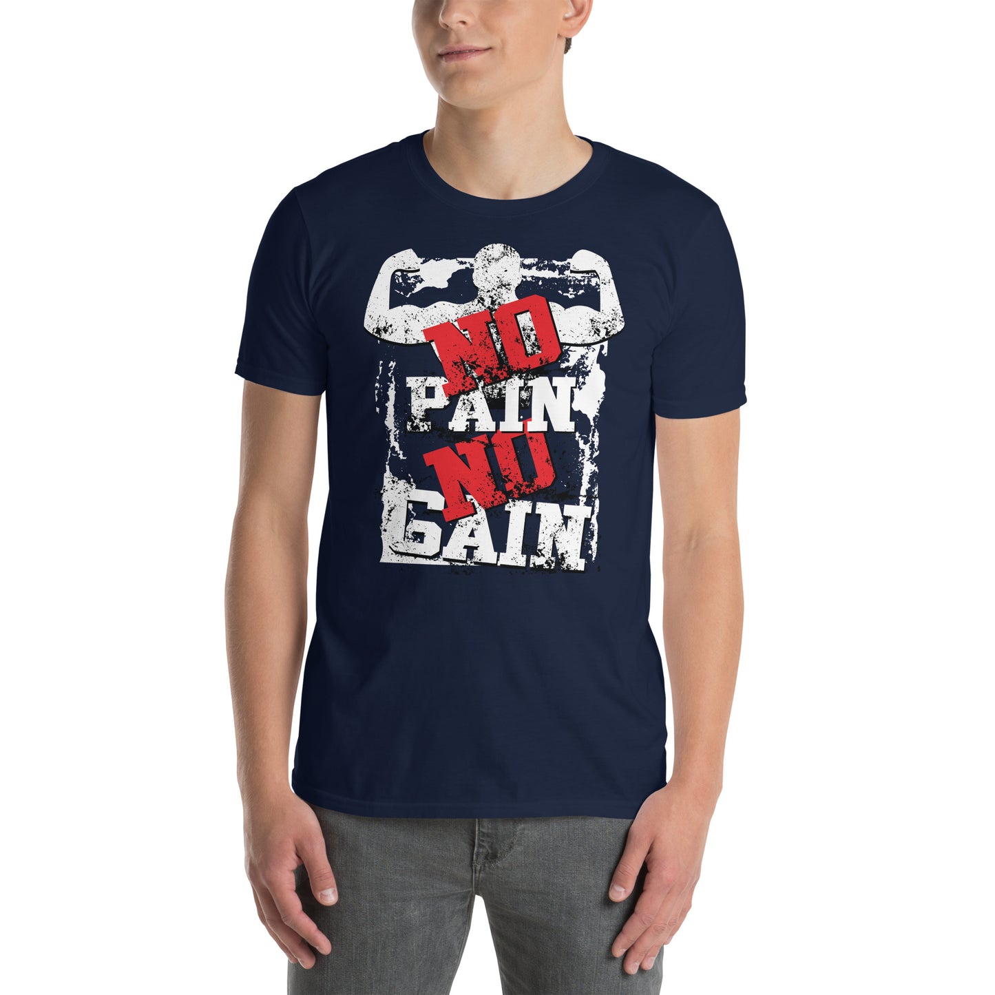 hombre con camiseta no pain no gain gym gimnasio fitness en color azul marino