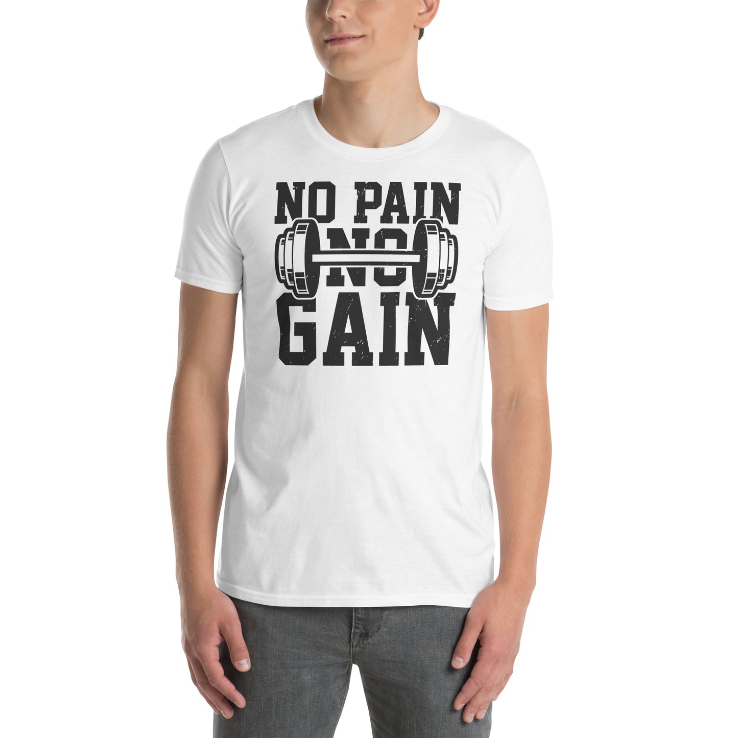 hombre con camiseta no pain no gain gym gimnasio fitness en color blanco