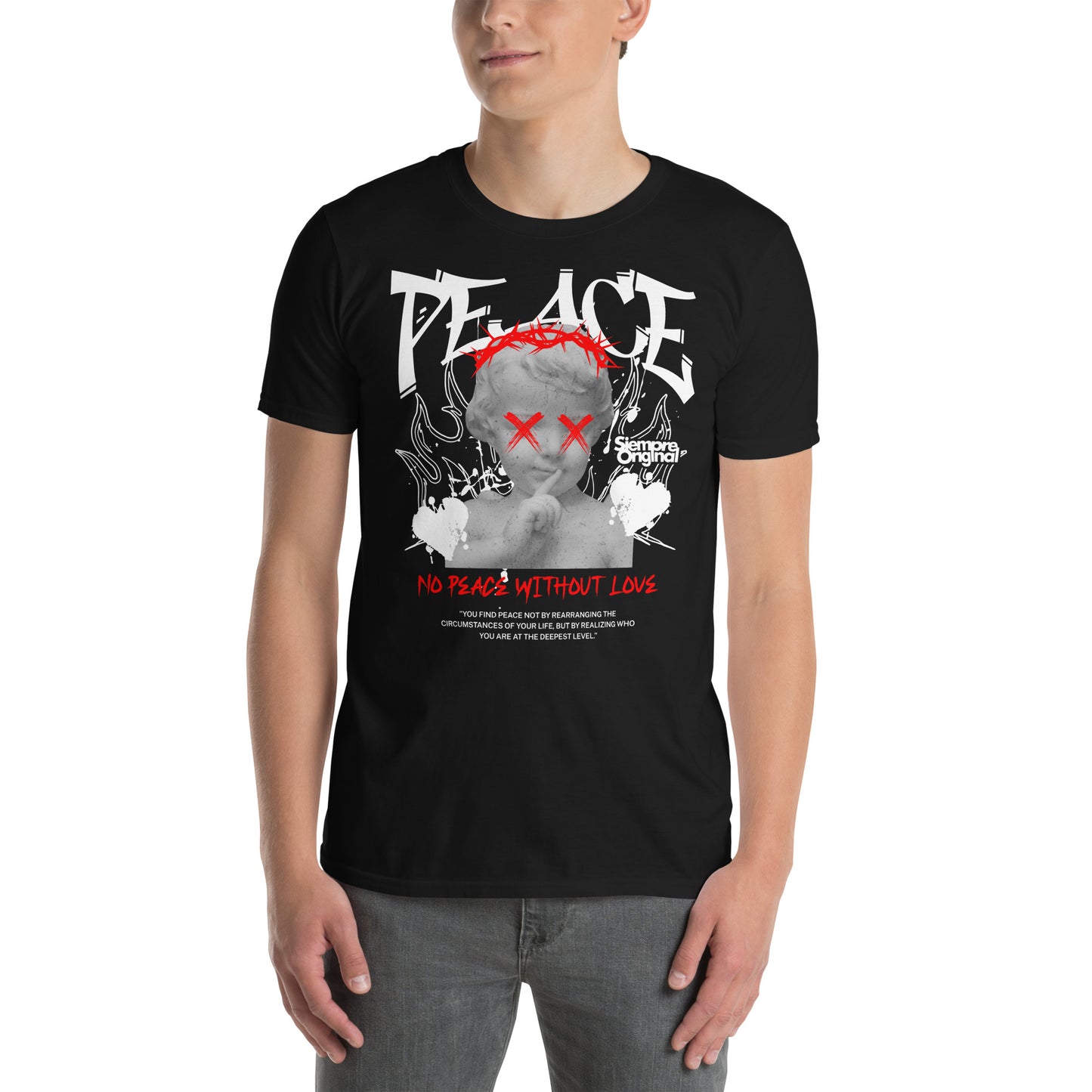 hombre con camiseta no peace without love jesus siempre original urban en color negro