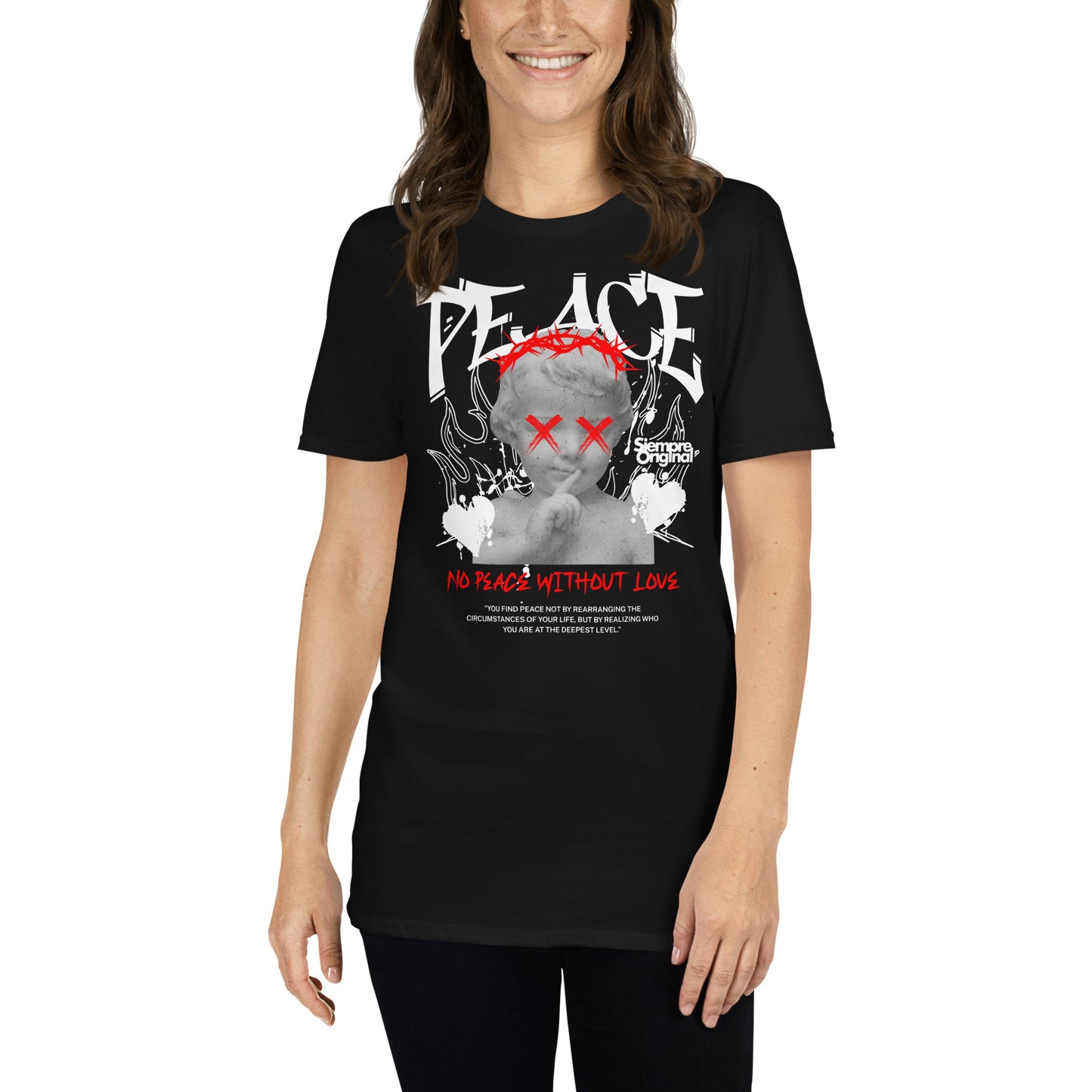 mujer con camiseta no peace without love jesus siempre original urban en color negro