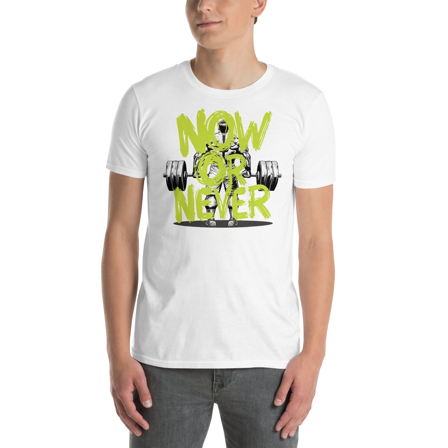 hombre con camiseta now or never gym gimnasio fitness en color blanco