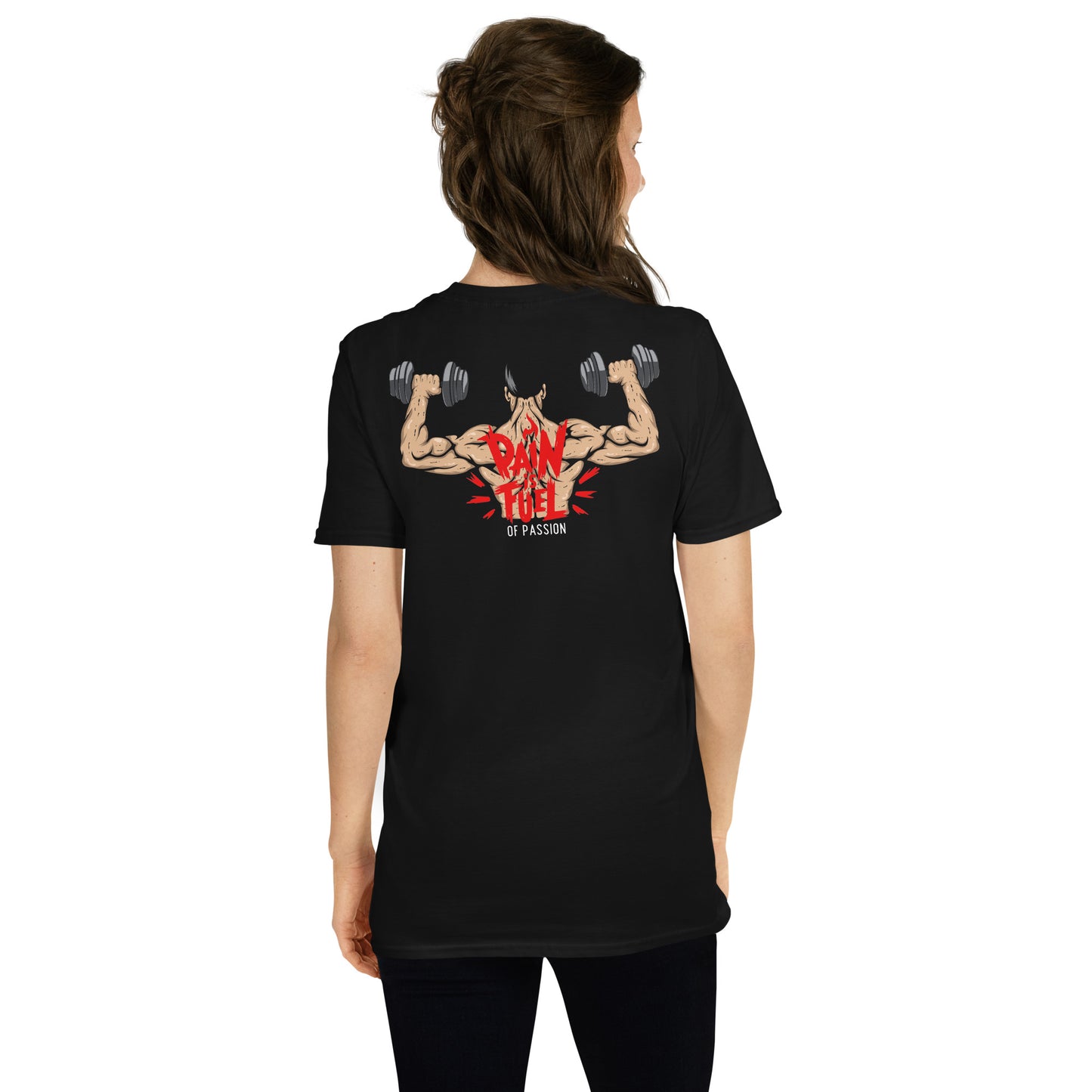 mujer con camiseta pain is fuel of passion gym gimnasio fitness en color negro