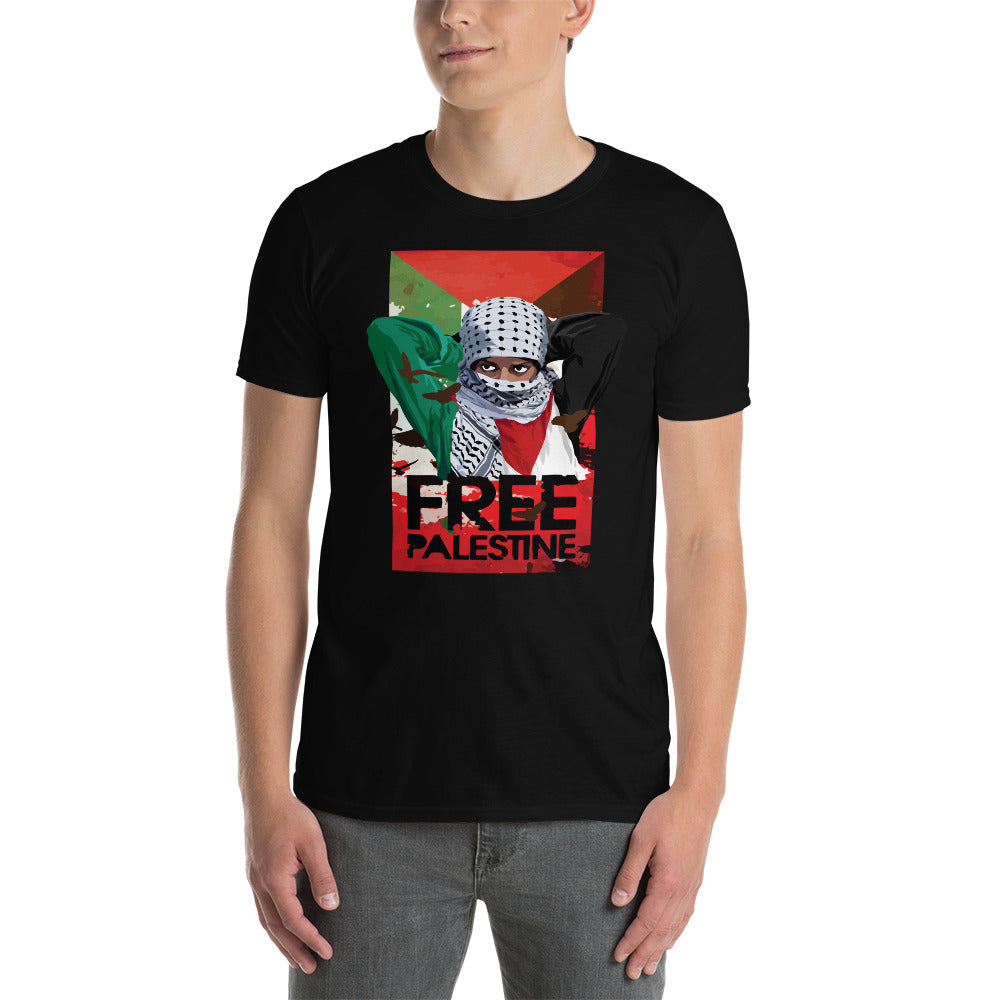 hombre con camiseta palestina libre free palestine en color negro