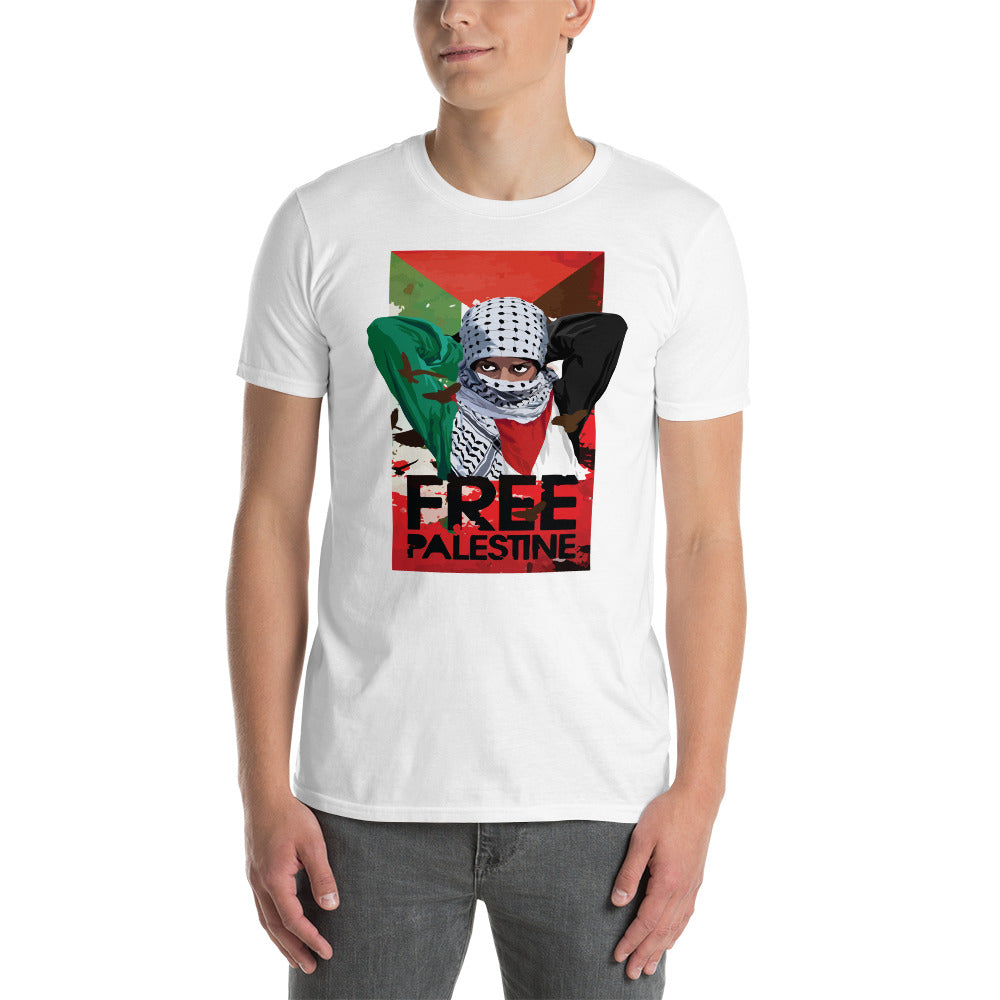 hombre con camiseta palestina libre free palestine en color blanco