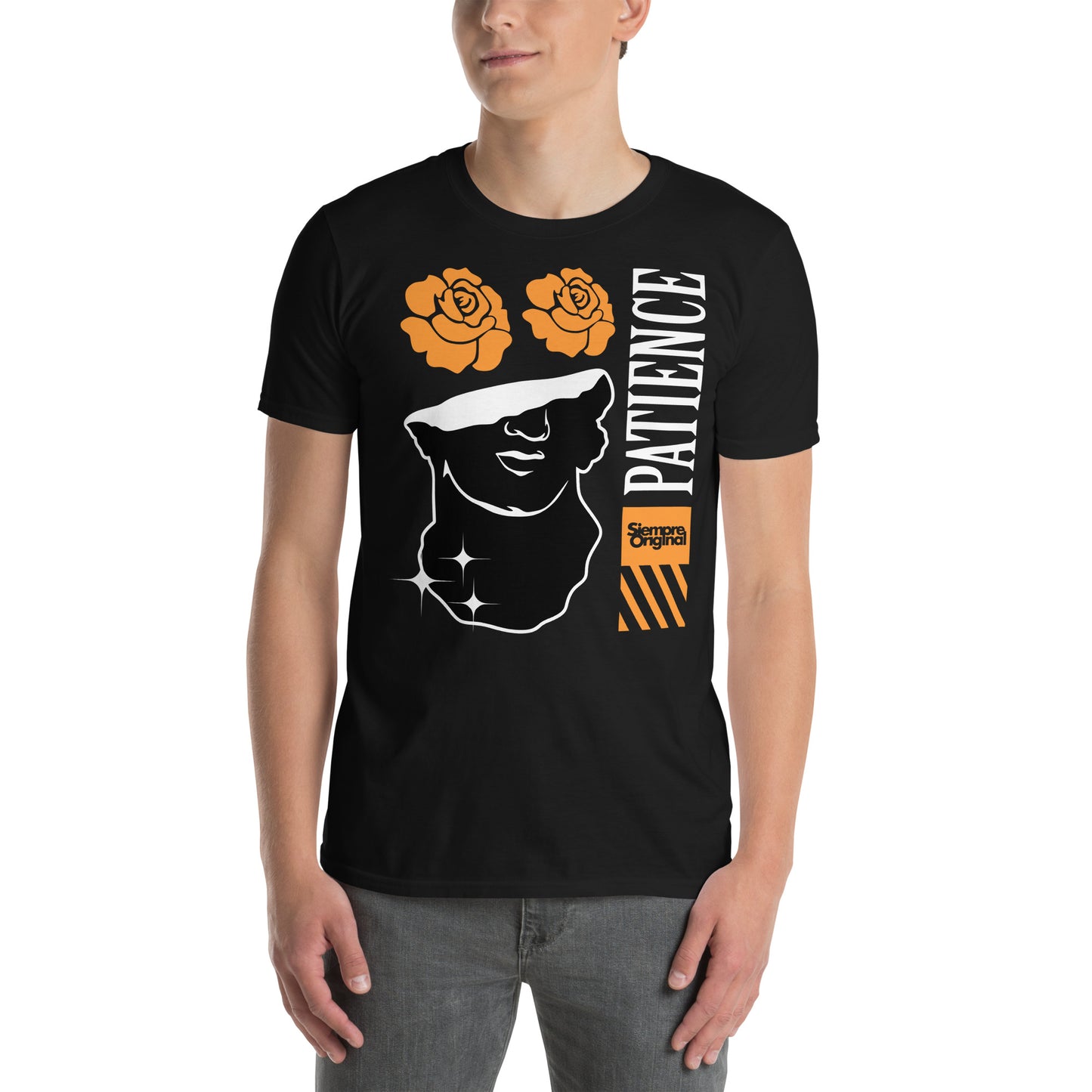 hombre con camiseta patience siempre original urban en color negro