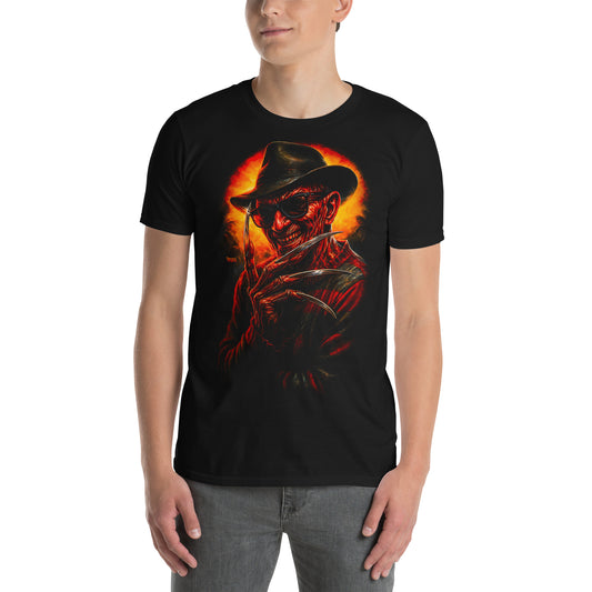 Hombre con camiseta negra inspirada en Freddy Krueger de Pesadilla en Elm Street