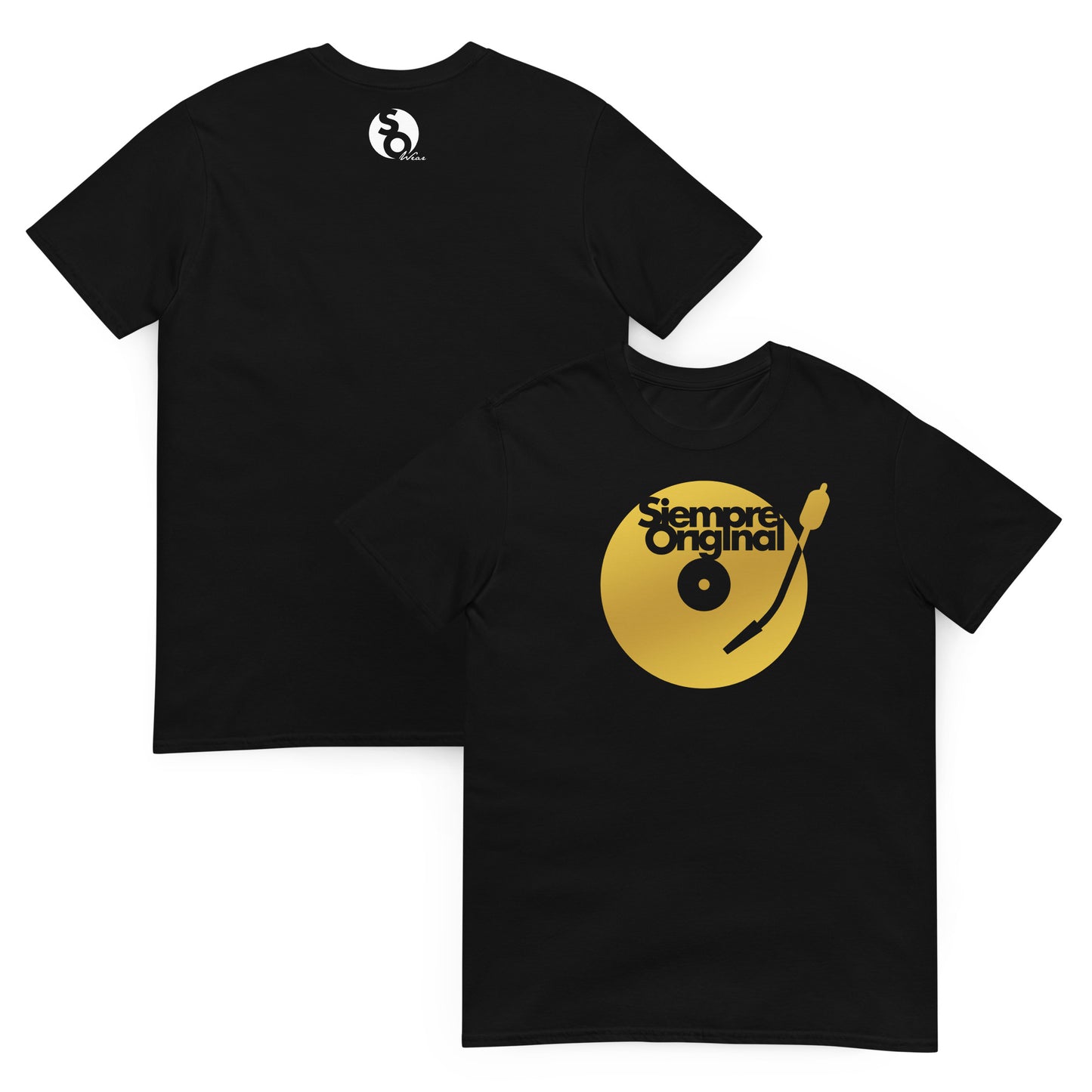 camiseta plato dj dorado delante y detras negra