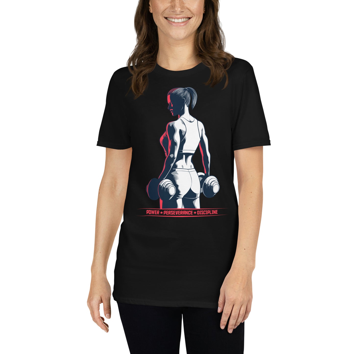 mujer con camiseta power perseverance discipline gimnasio fitness en color negro