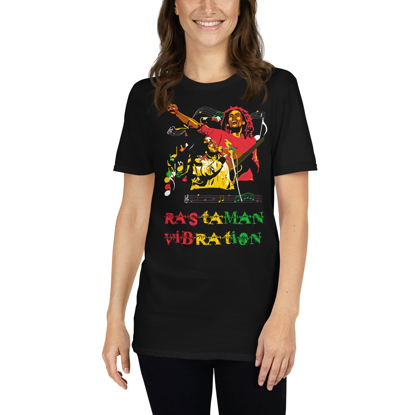 mujer con camiseta rastaman vibration bob marley en color negro