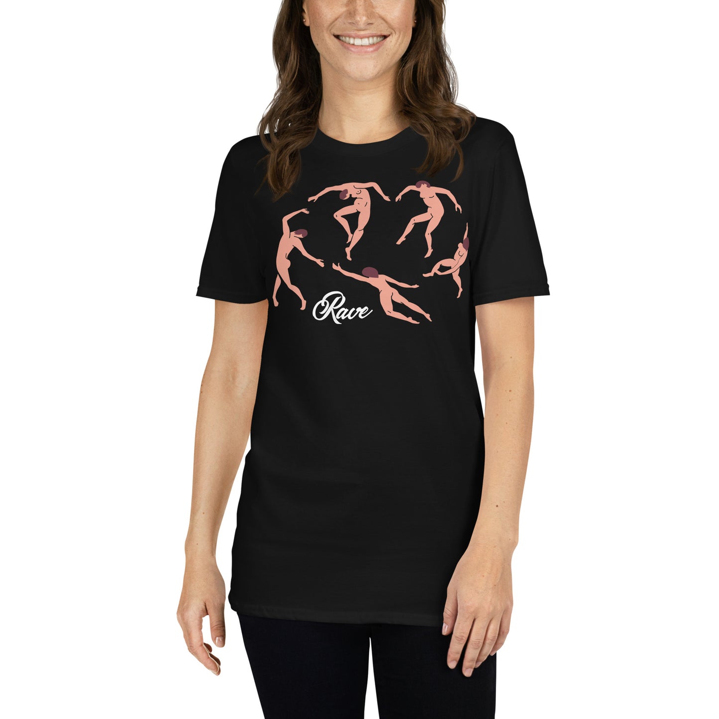 mujer con camiseta rave arte moderno negra