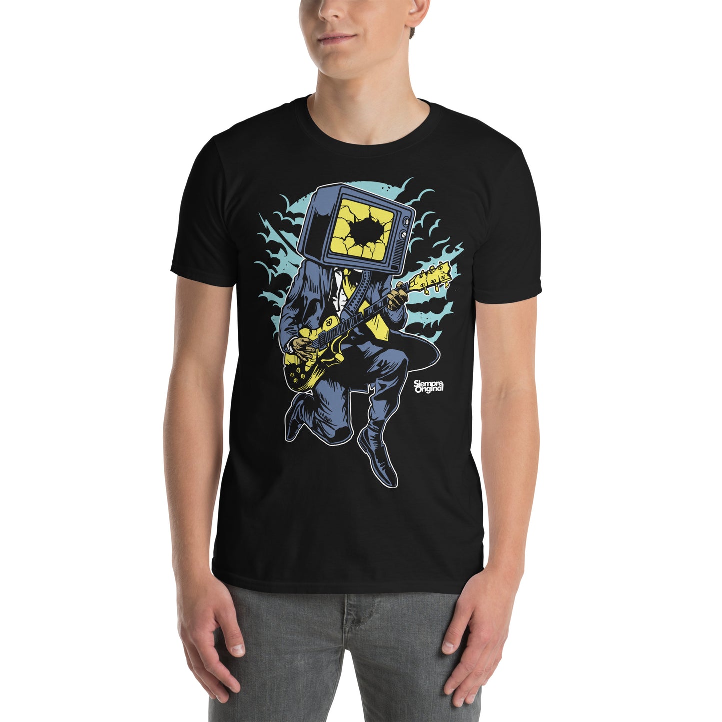 hombre con camiseta rock against screens television siempre original urban en color negro