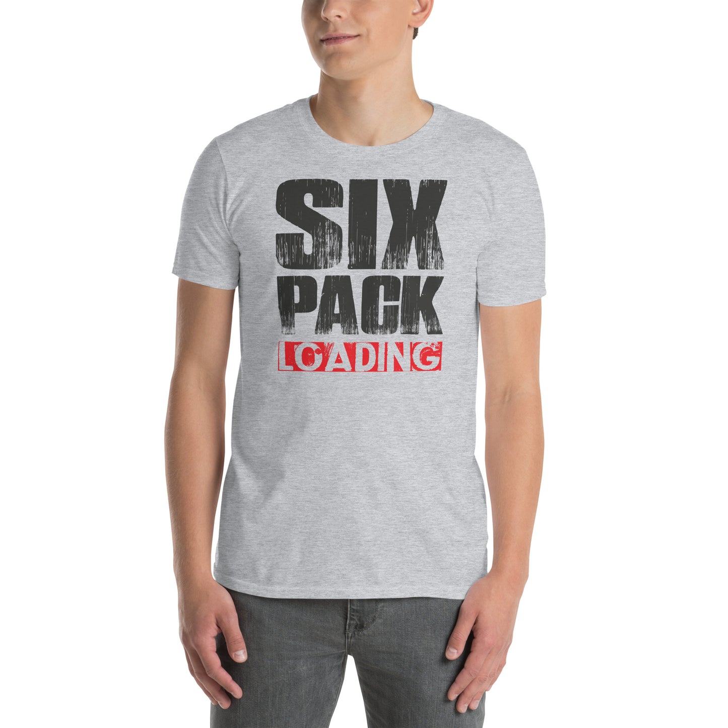 hombre con camiseta six pack loading gym gimnasio fitness en color gris