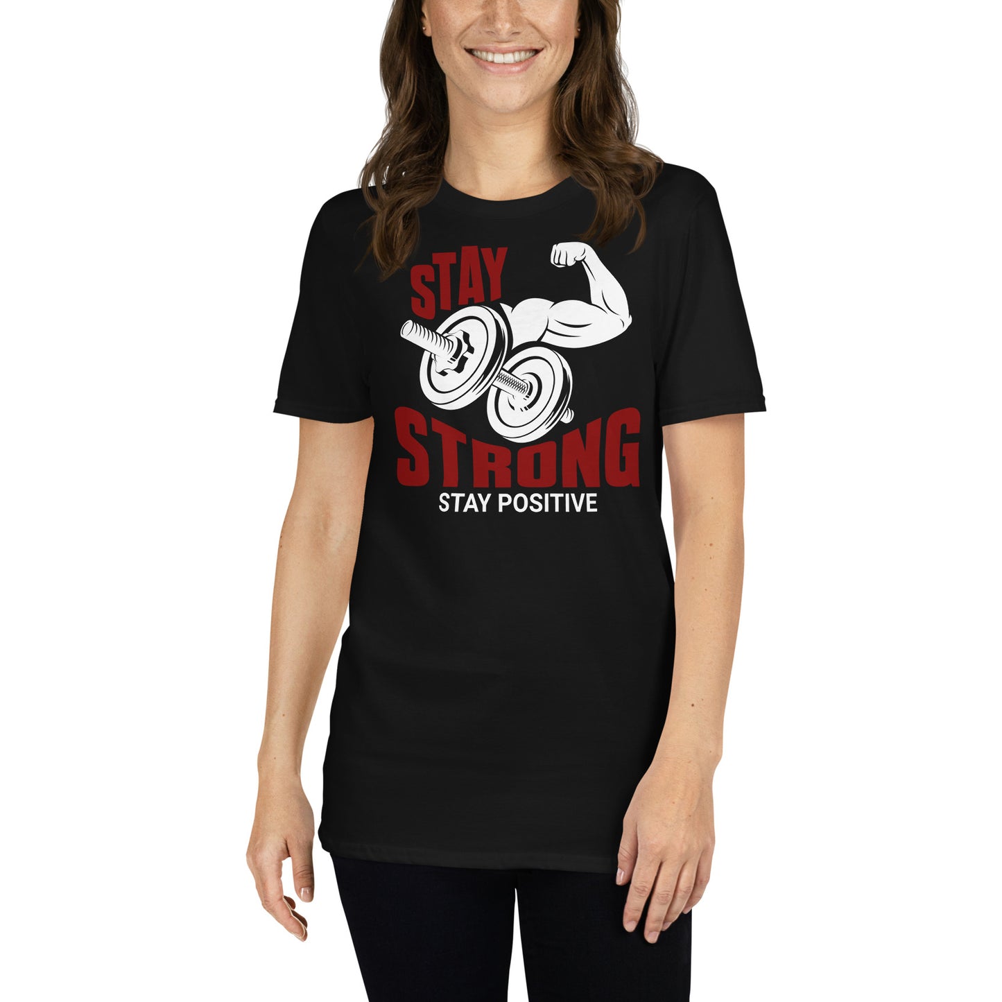 mujer con camiseta stay strong stay positive gym gimnasio fitness en color negro