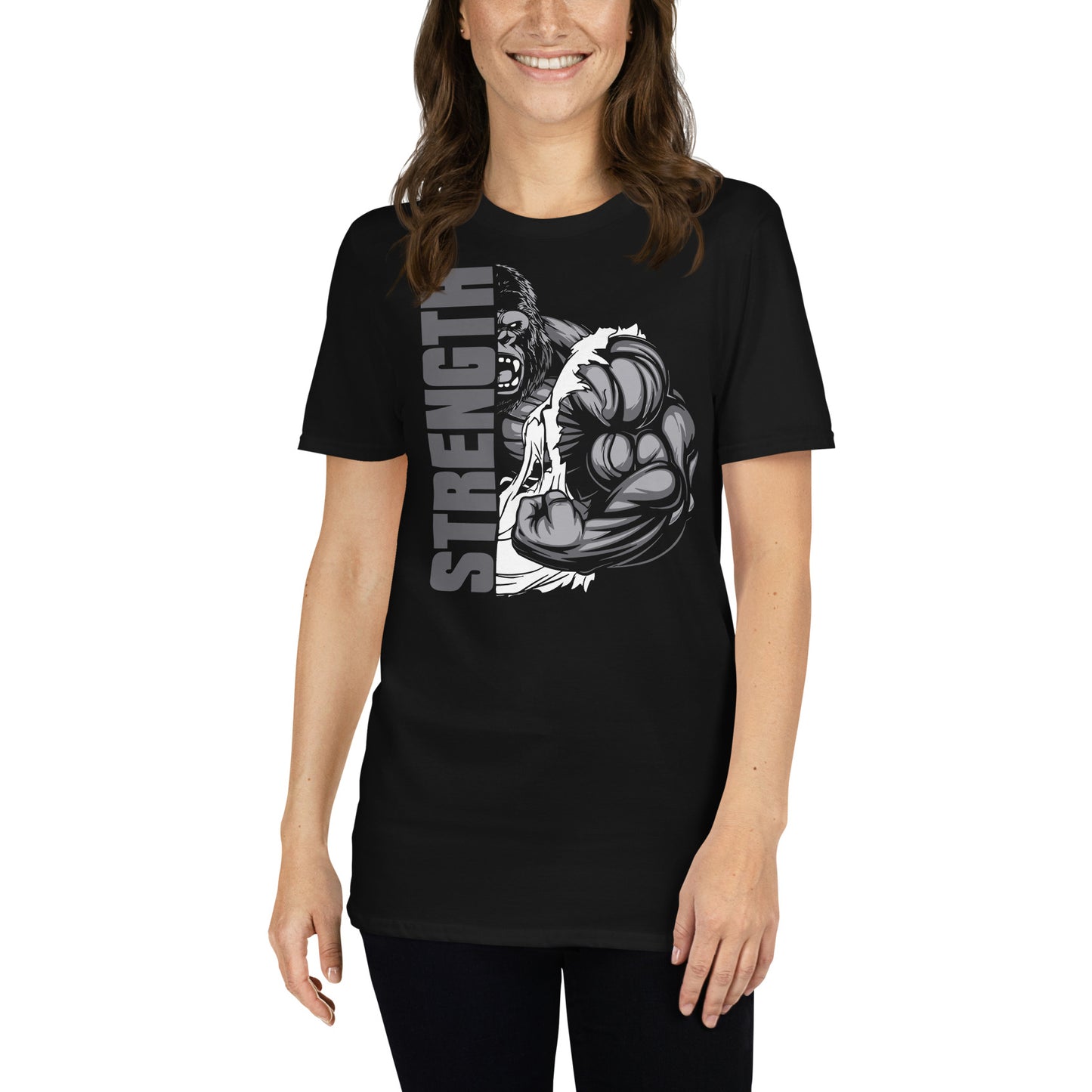 mujer con camiseta strength gorila gym gimnasio fitness en color negro