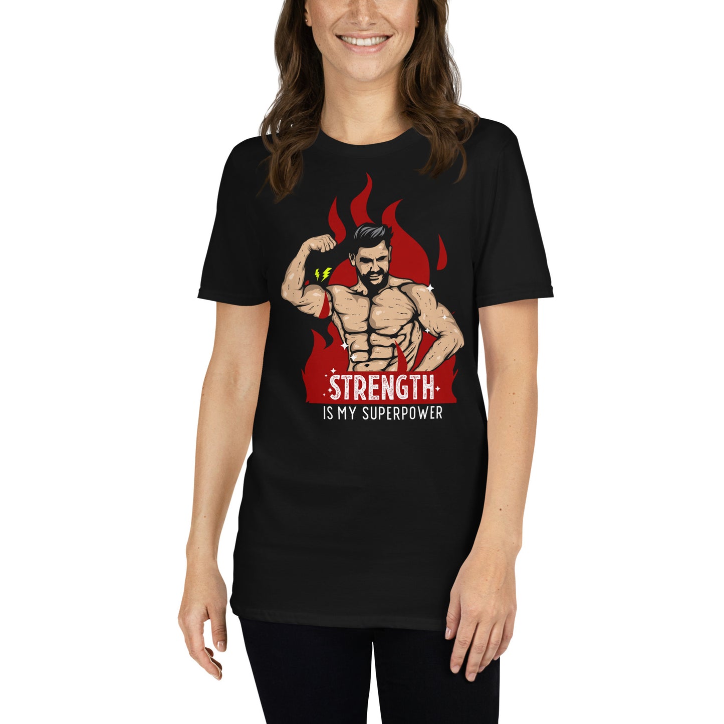 mujer con camiseta strength is my superpower gym gimnasio fitness en color negro