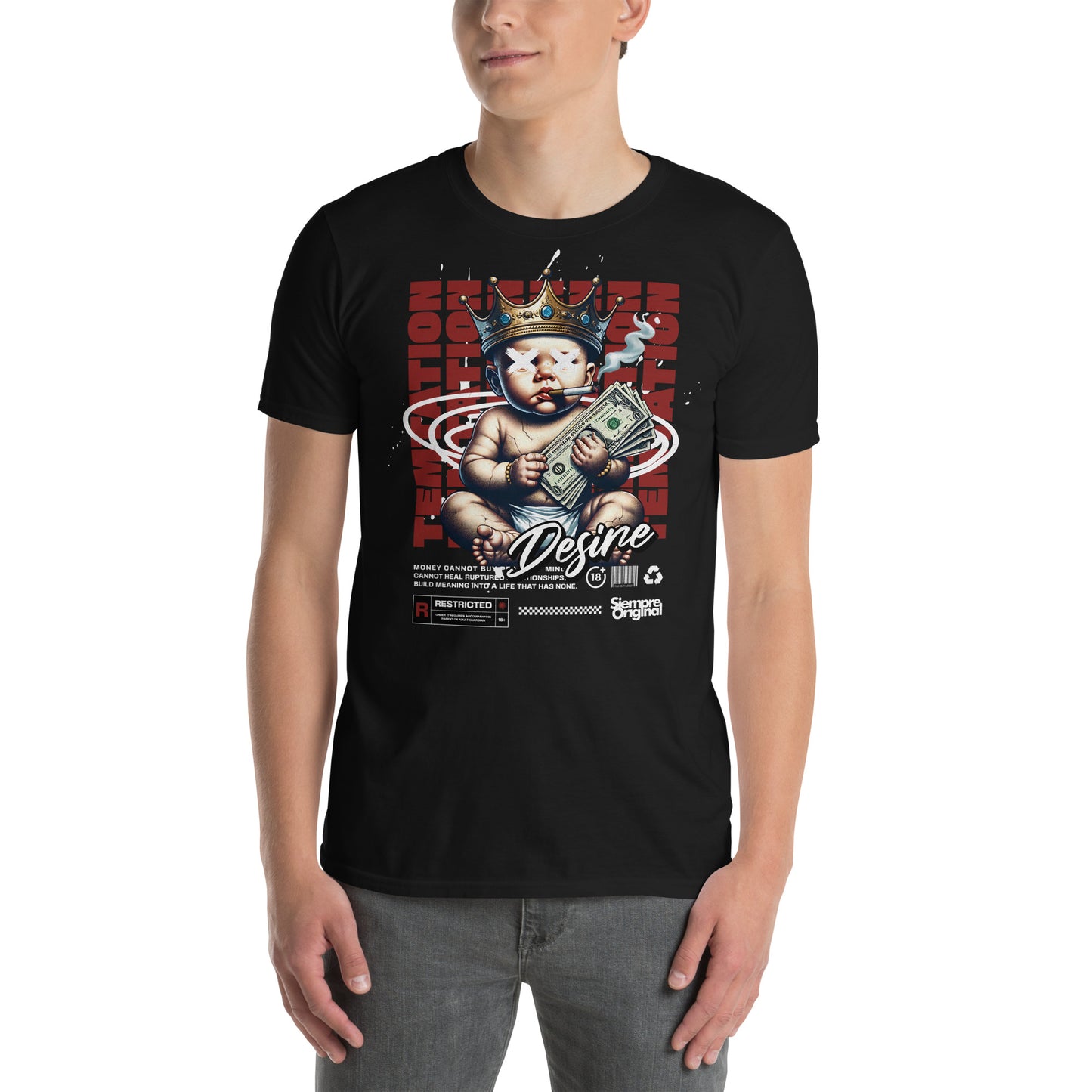 hombre con camiseta tentacion deseo dinero bebe siempre original urban en color negro