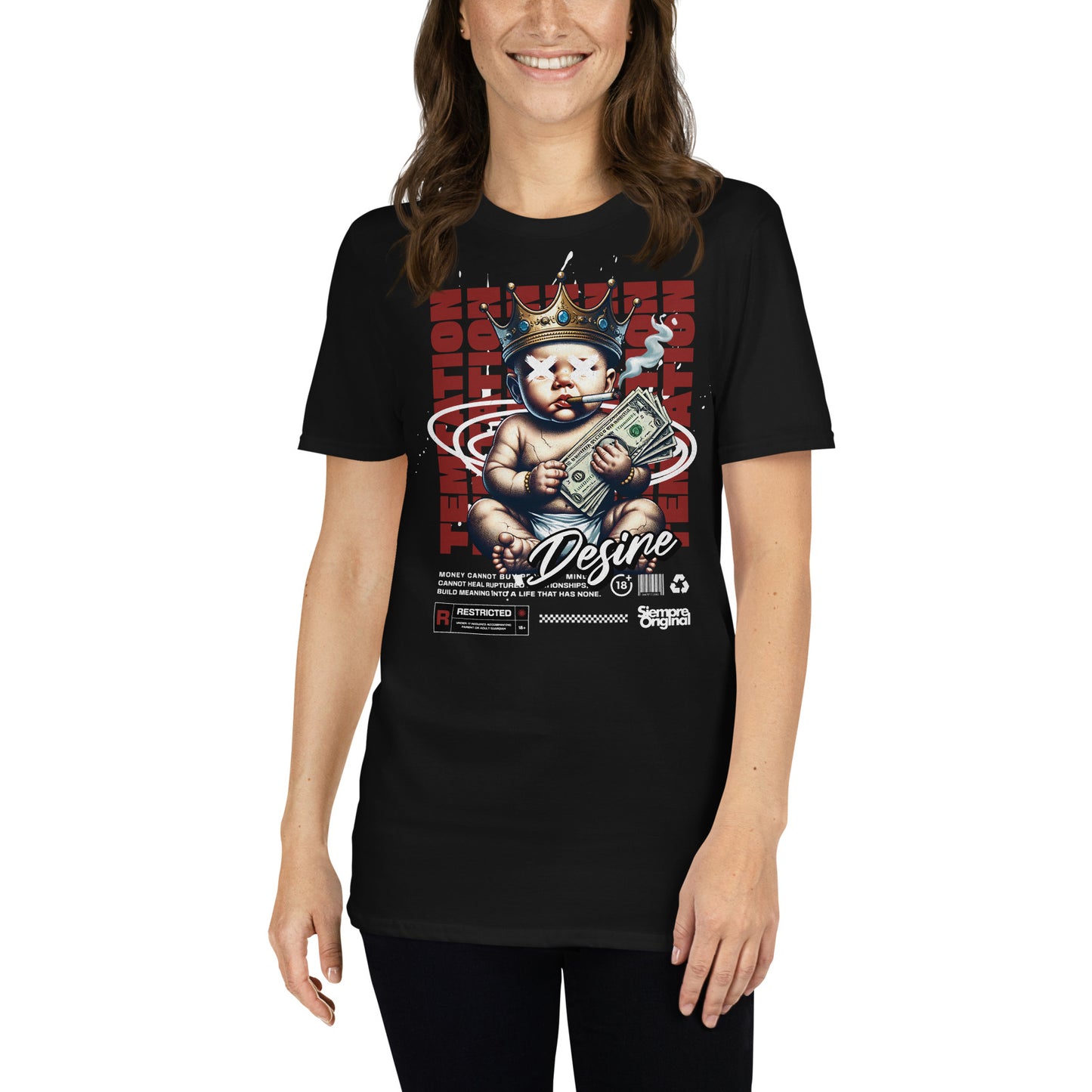 mujer con camiseta tentacion deseo dinero bebe siempre original urban en color negro