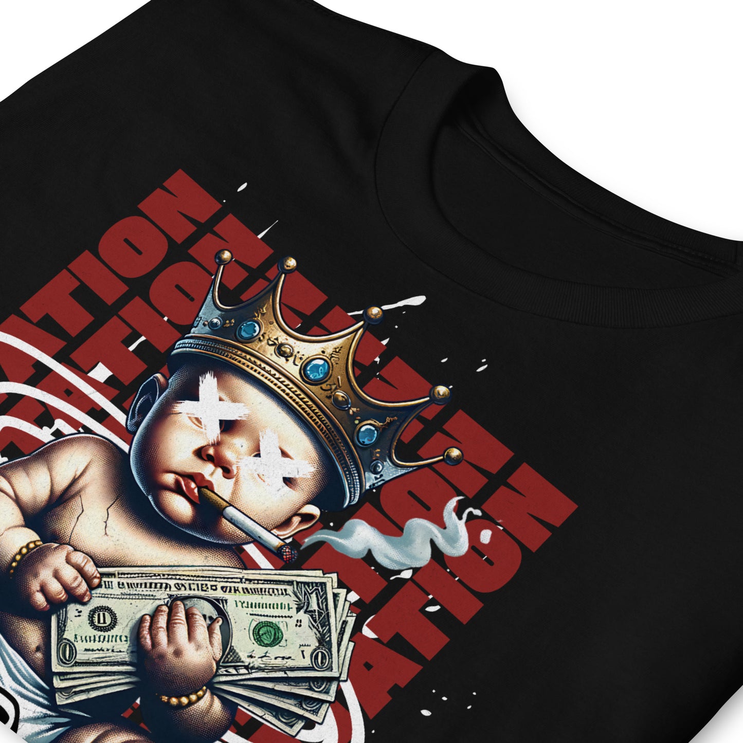 detalle de camiseta tentacion deseo dinero bebe siempre original urban en color negro