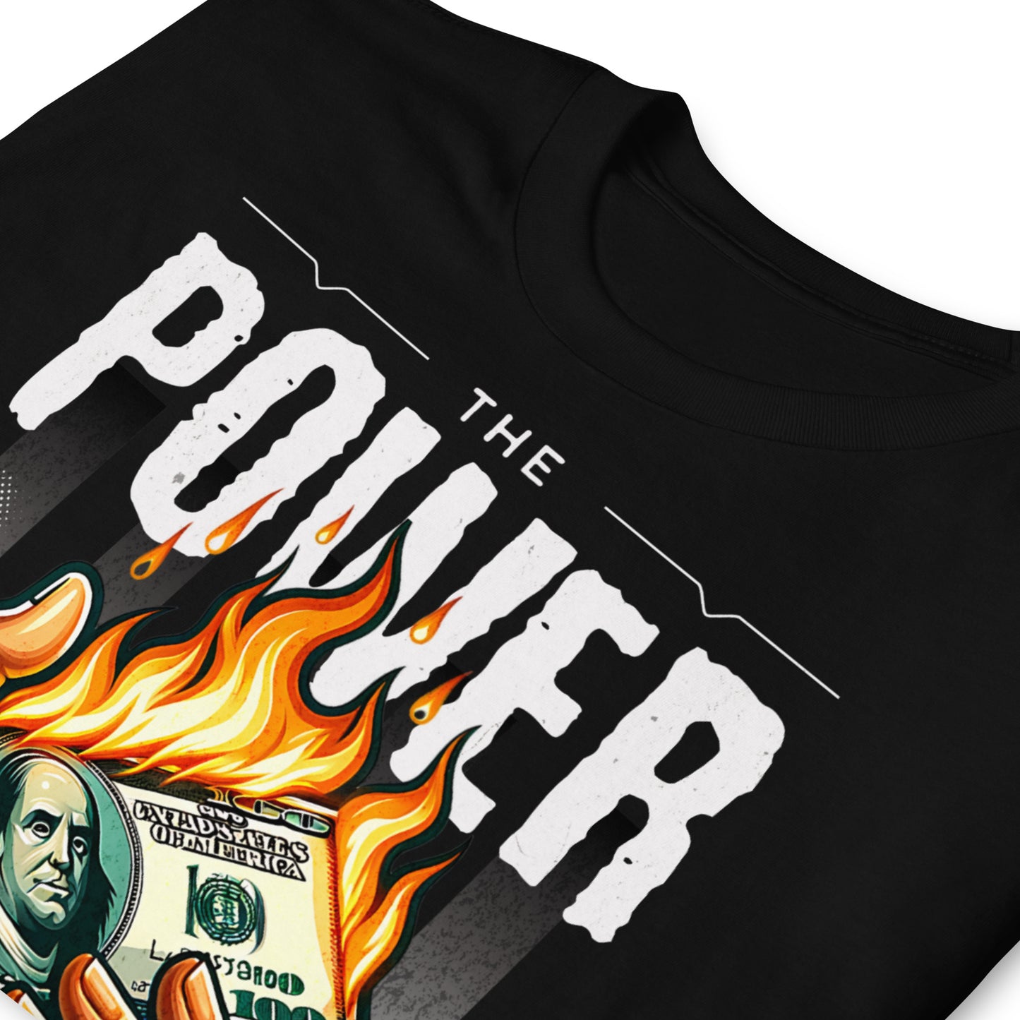 detalle de camiseta the power of money siempre original urban en color negro