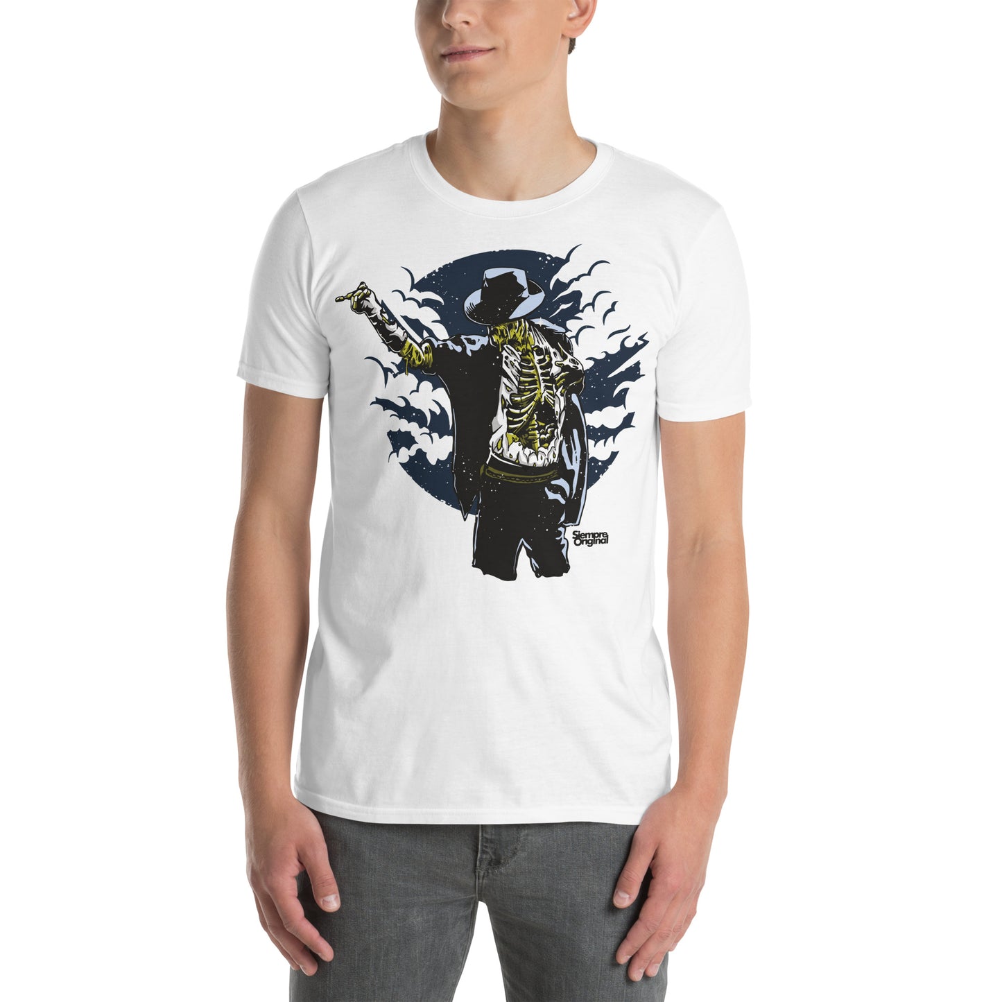 hombre con camiseta thrill to death michael jackson zombie siempre original urban en color blanco