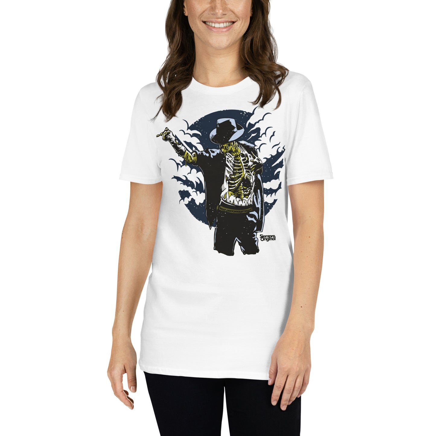 mujer con camiseta thrill to death michael jackson zombie siempre original urban en color blanco