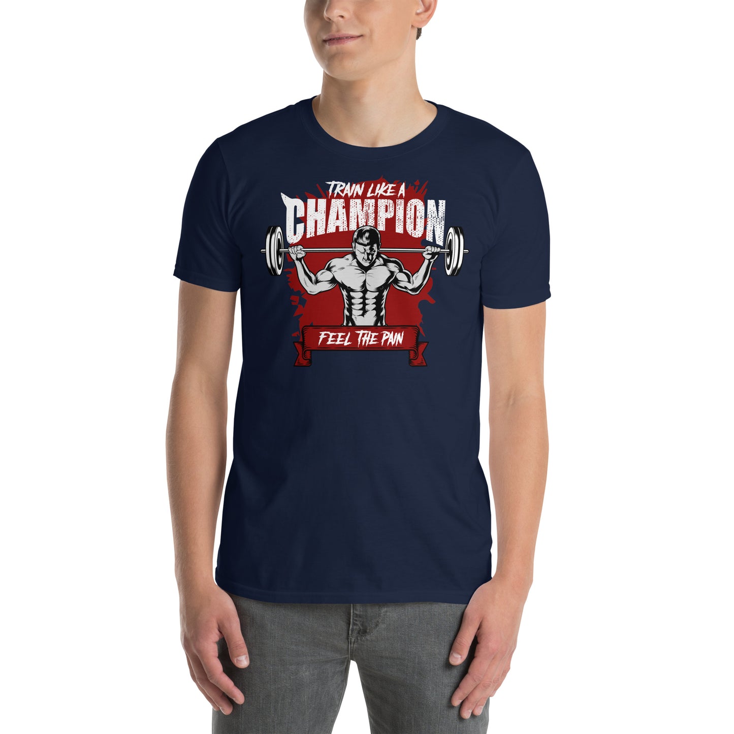 hombre con camiseta train like a champion gym gimnasio fitness en color azul marino