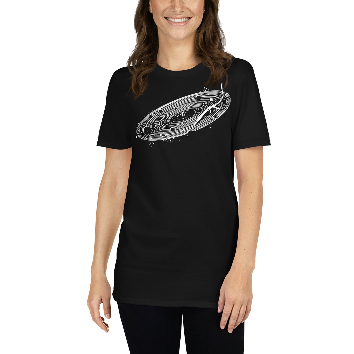 mujer con camiseta vinyl space dj deejay disco vinilo en color negro