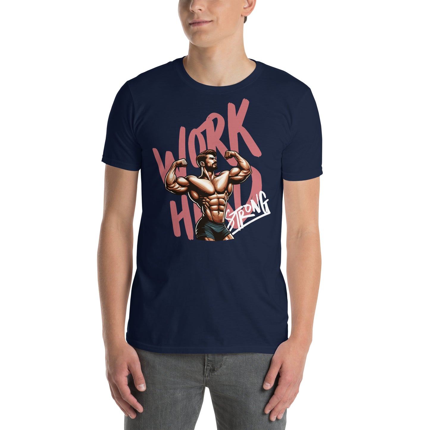 hombre con camiseta work hard strong gym gimnasio fitness en color azul marino