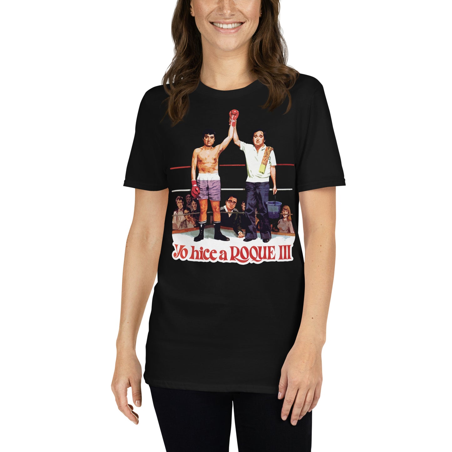 mujer con camiseta yo hice a roque iii tercero andres pajares fernando esteso en color negro