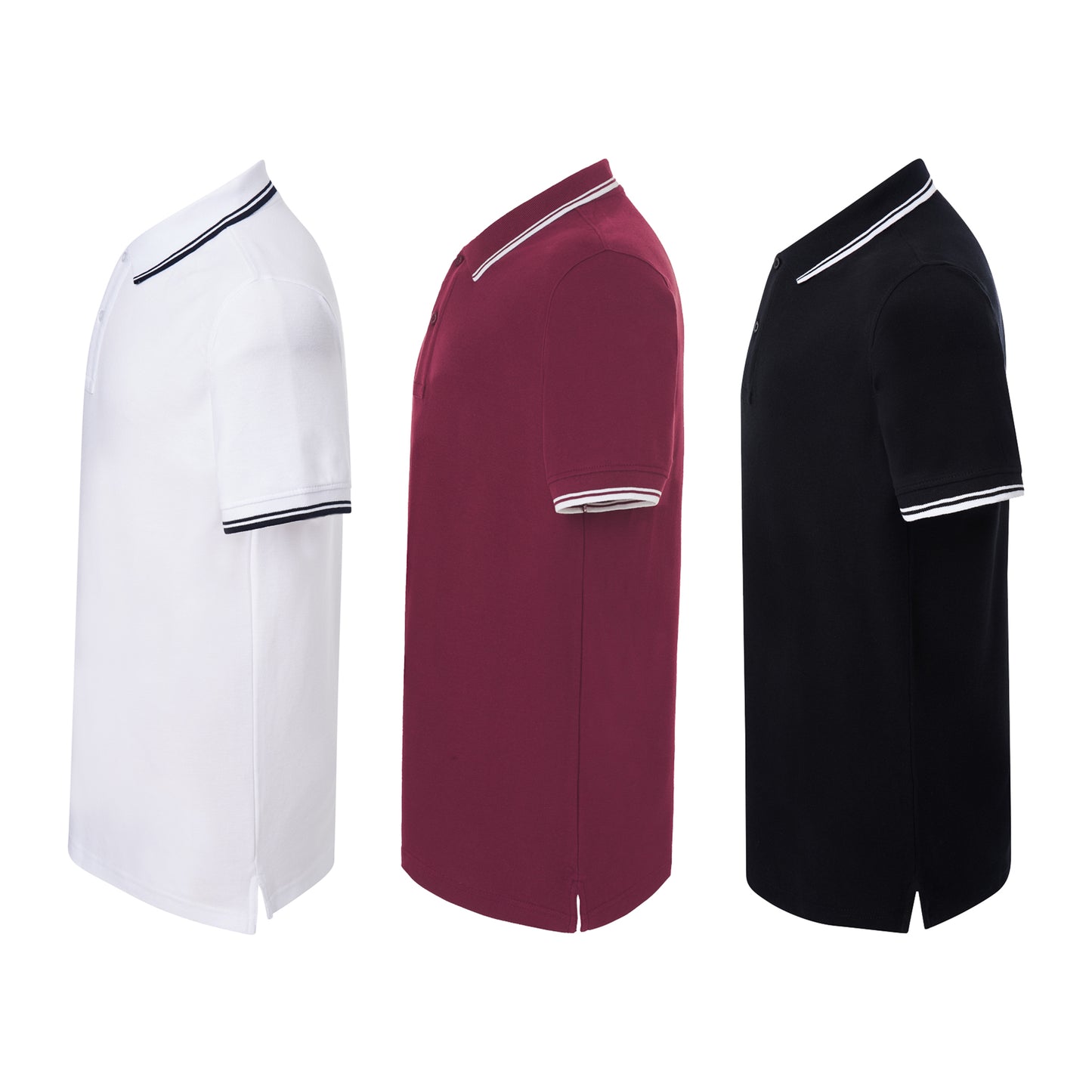 pack de 3 polos basicos de algodon en color blanco burdeos y negro con rayas a contraste laterak