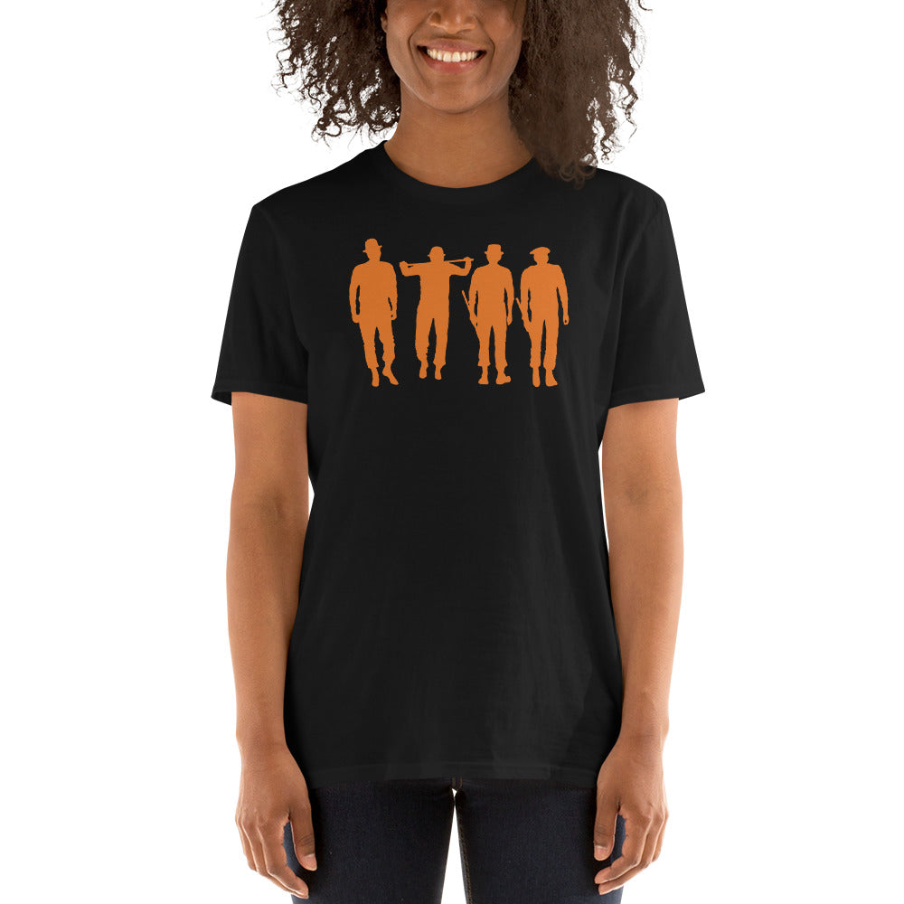 mujer con camiseta de la naranja mecanica en color negro