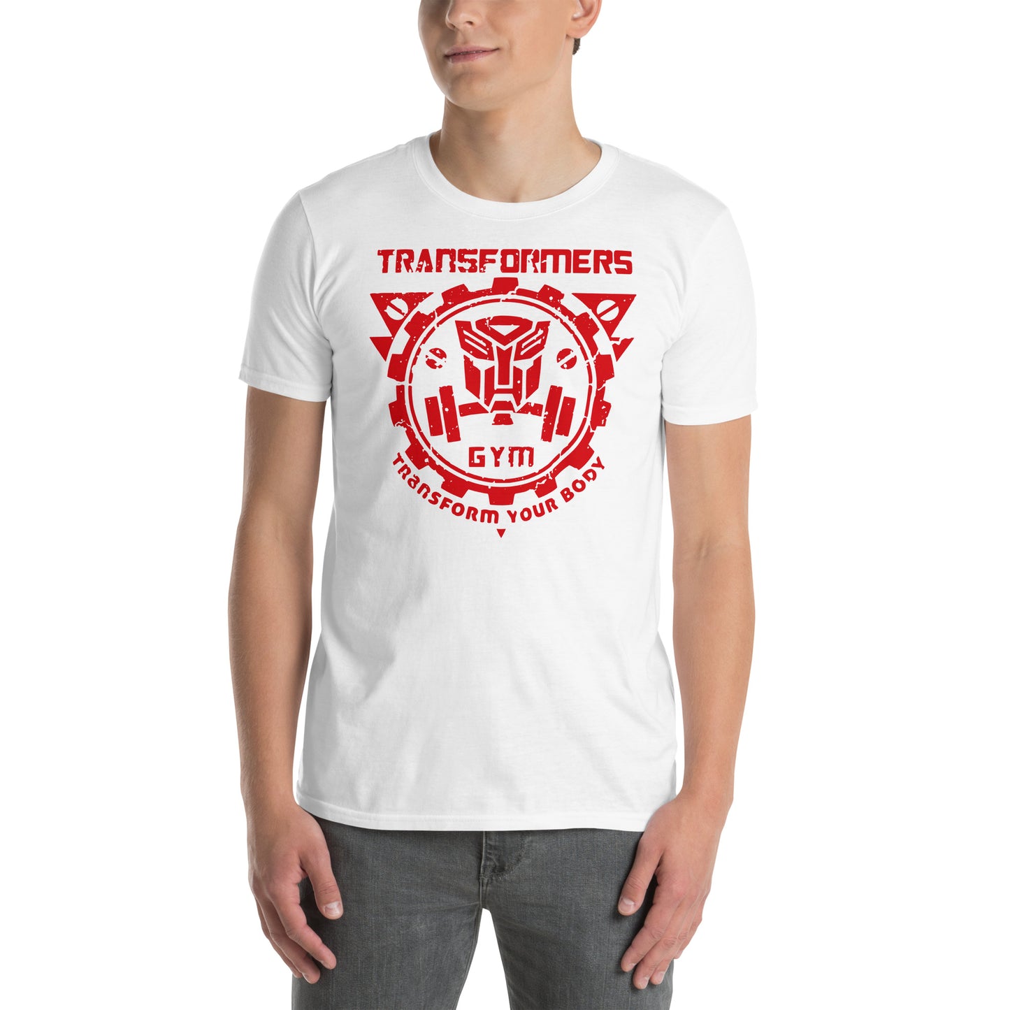 hombre con camiseta transformers gym gimnasio fitness en color blanco