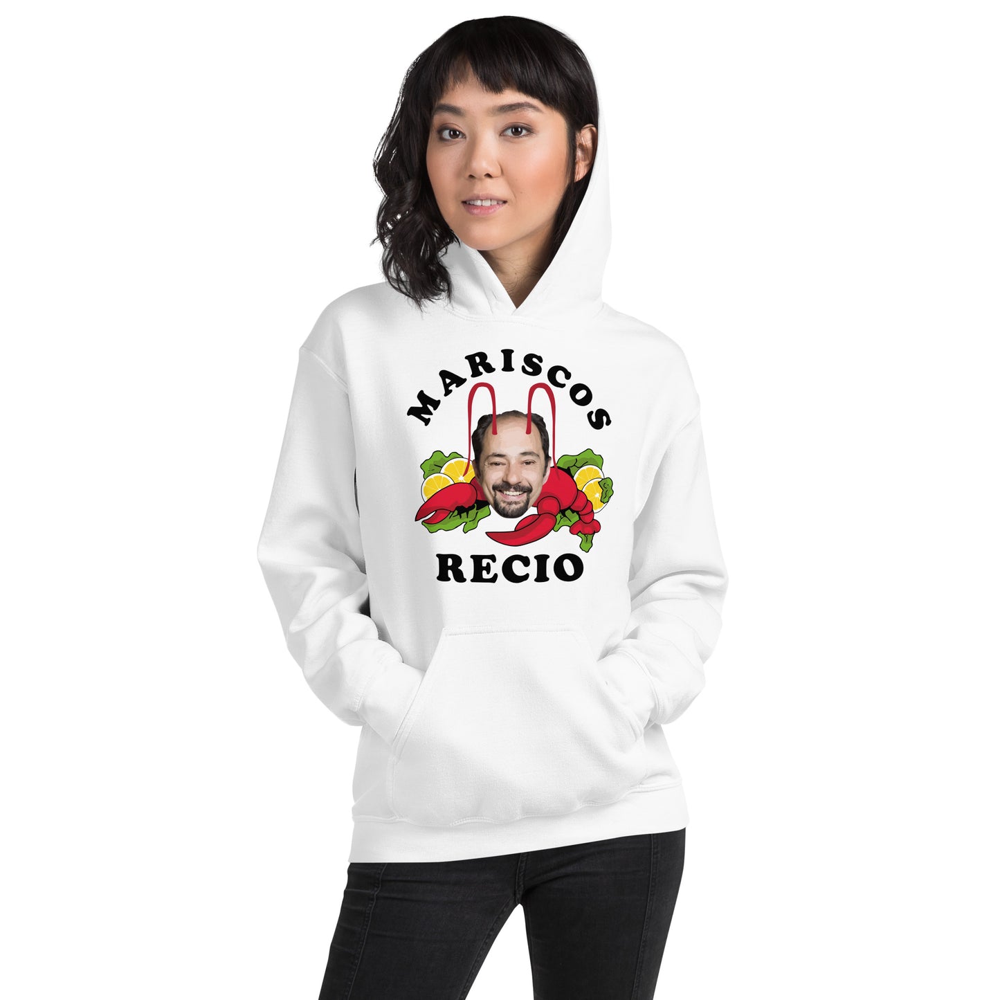 mujer con sudadera con capucha de mariscos recio de la que se avecina en color blanco