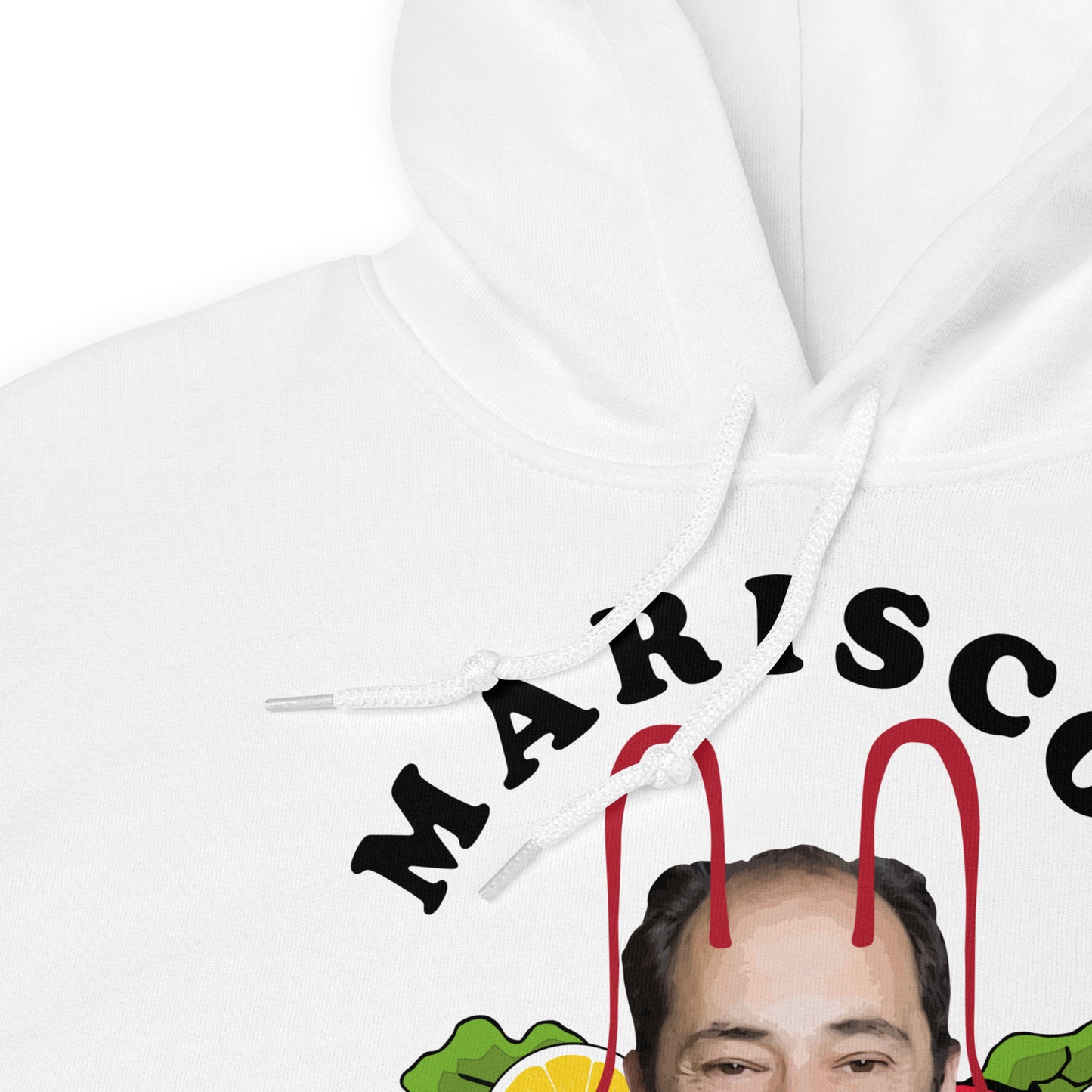 detalle de sudadera con capucha de mariscos recio de la que se avecina en color blanco