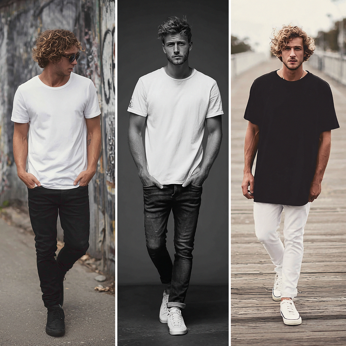 hombres con camisetas regular fit slim fit y oversize