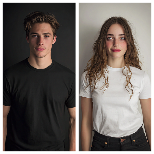 Hombre y mujer con camisetas basicas en color negro y blanco